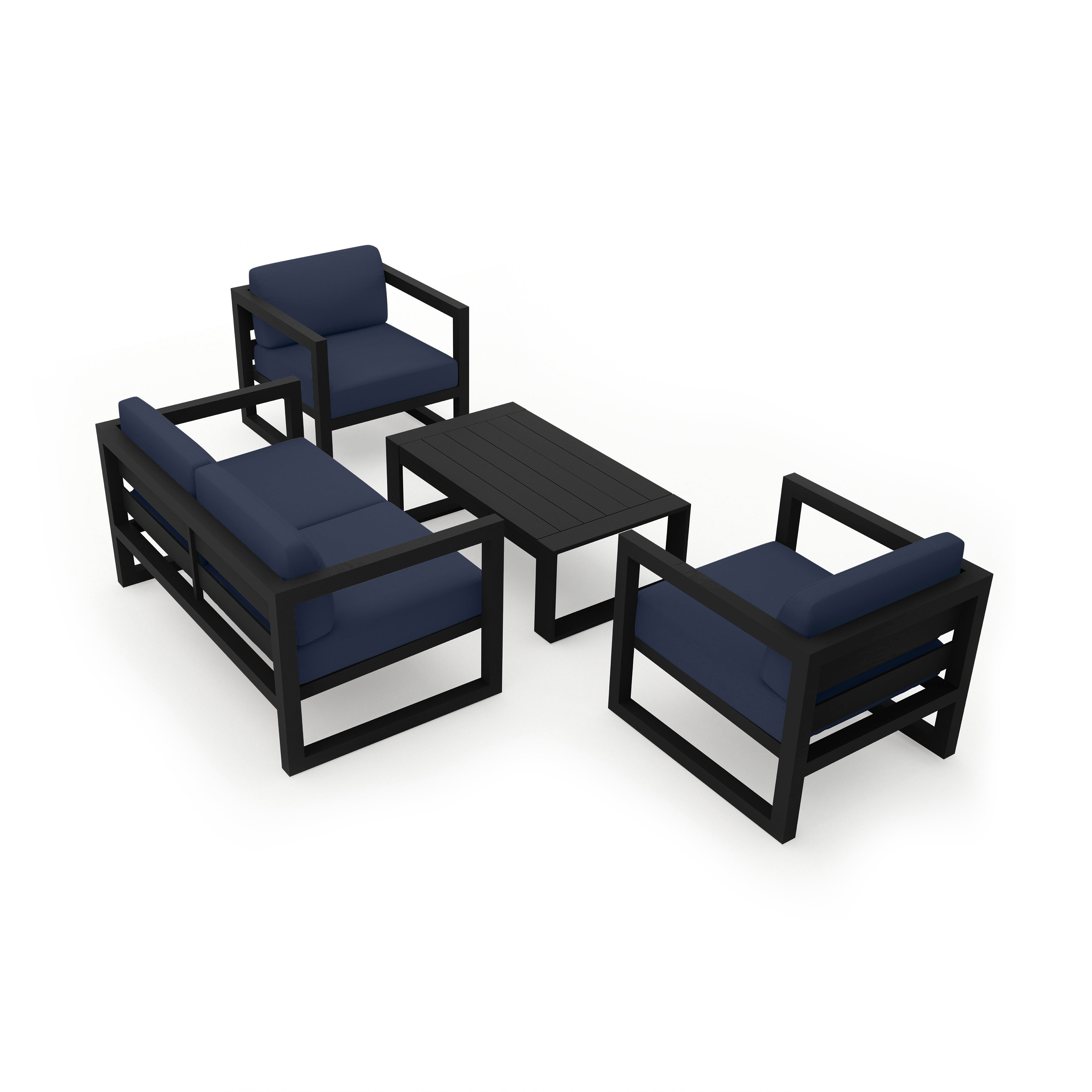 Avion 4 Piece Aluminum Loveseat Set#Finish_Black#Fabric_Spectrum Indigo