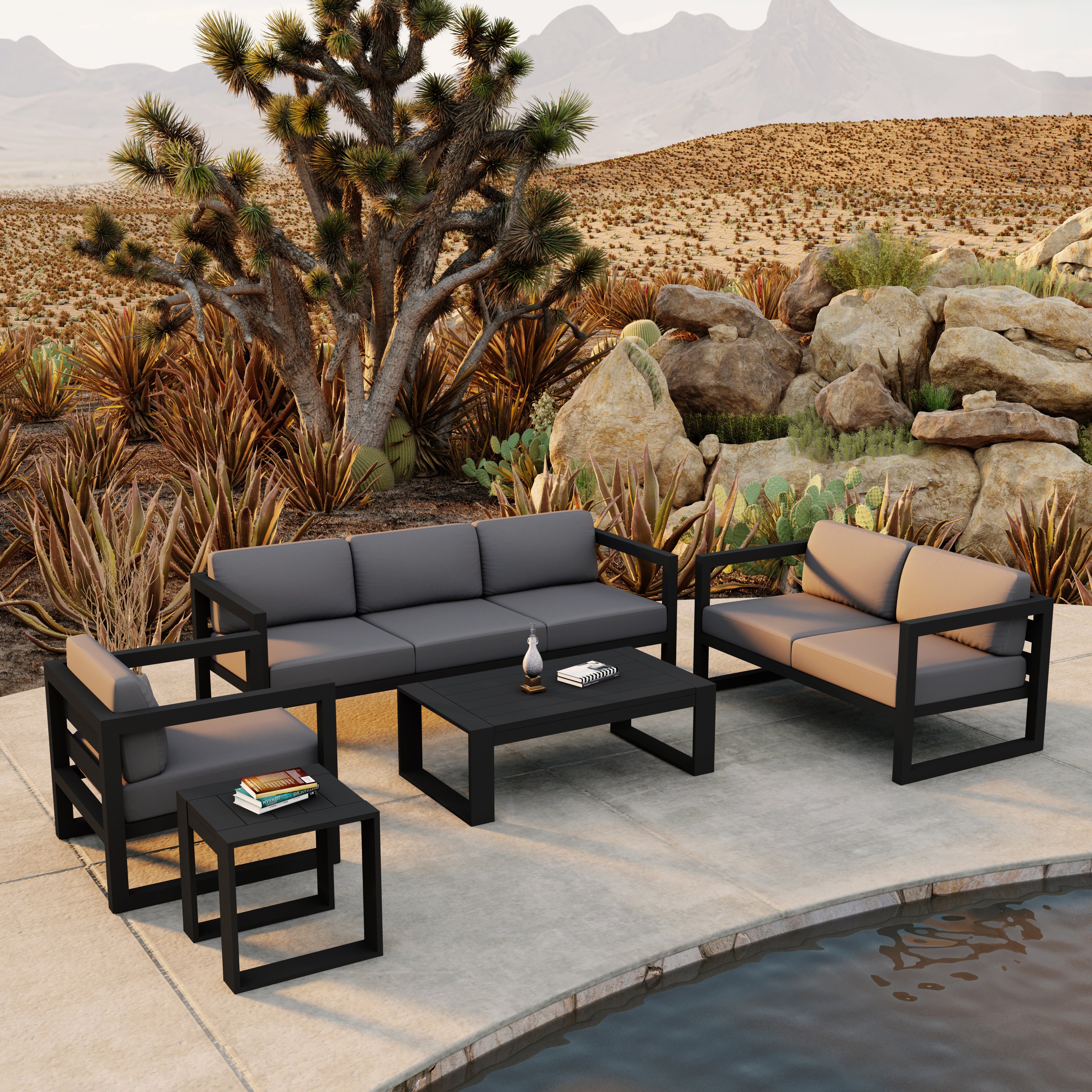 Avion 5 Piece Aluminum Sofa Set#Finish_Black#Fabric_Canvas Charcoal