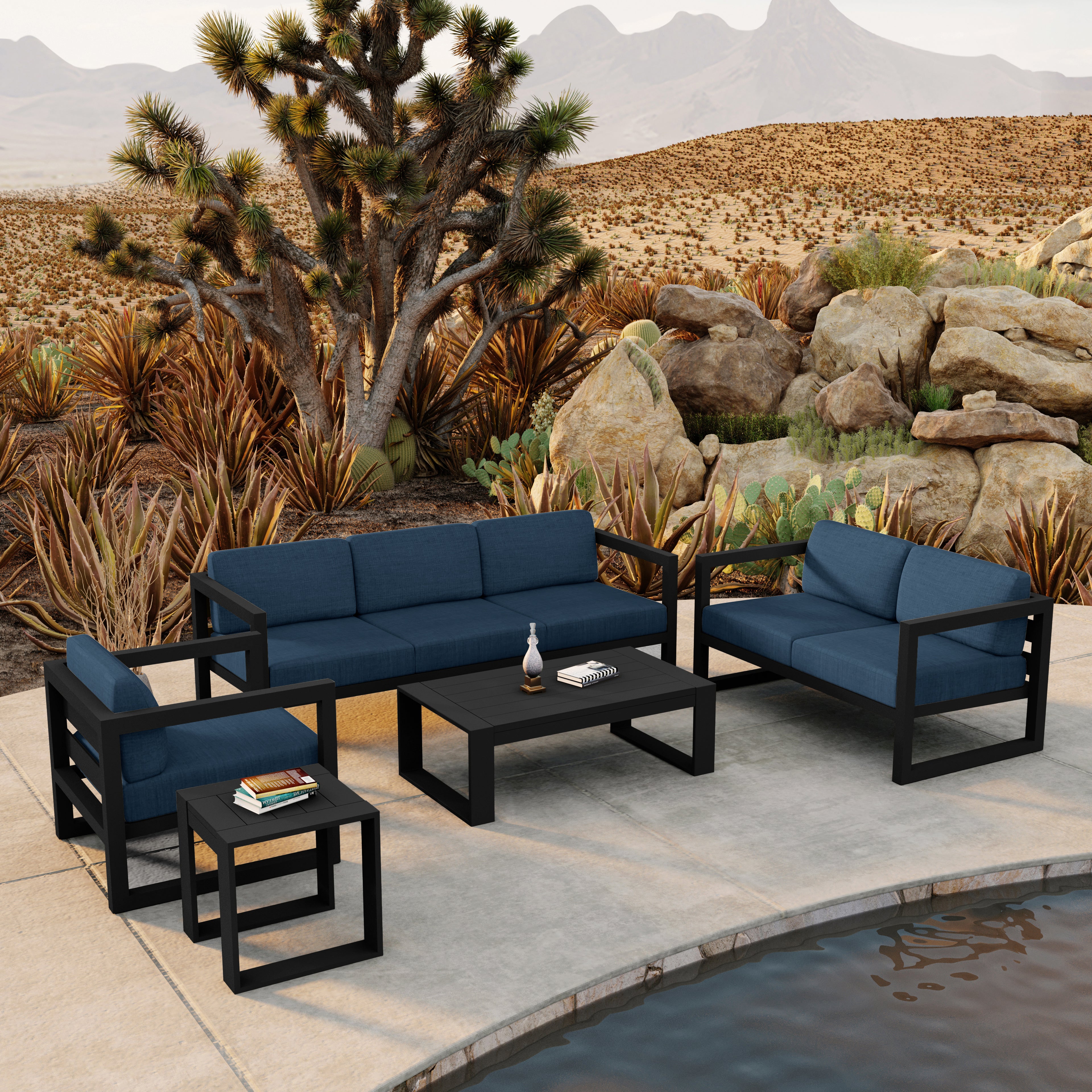 Avion 5 Piece Aluminum Sofa Set#Finish_Black#Fabric_Spectrum Indigo