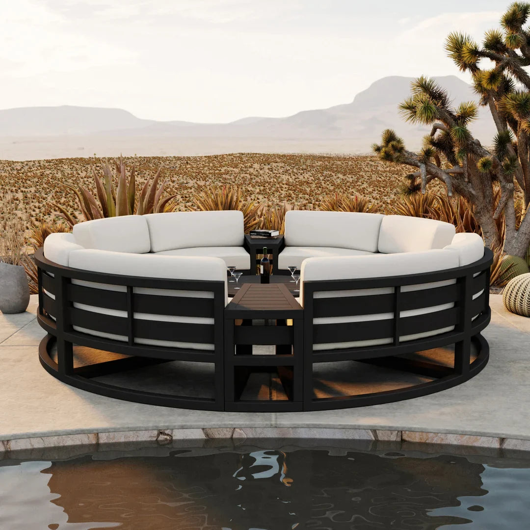 Avion 7 Piece Aluminum Curve Sectional Set - Black - Canvas Natural