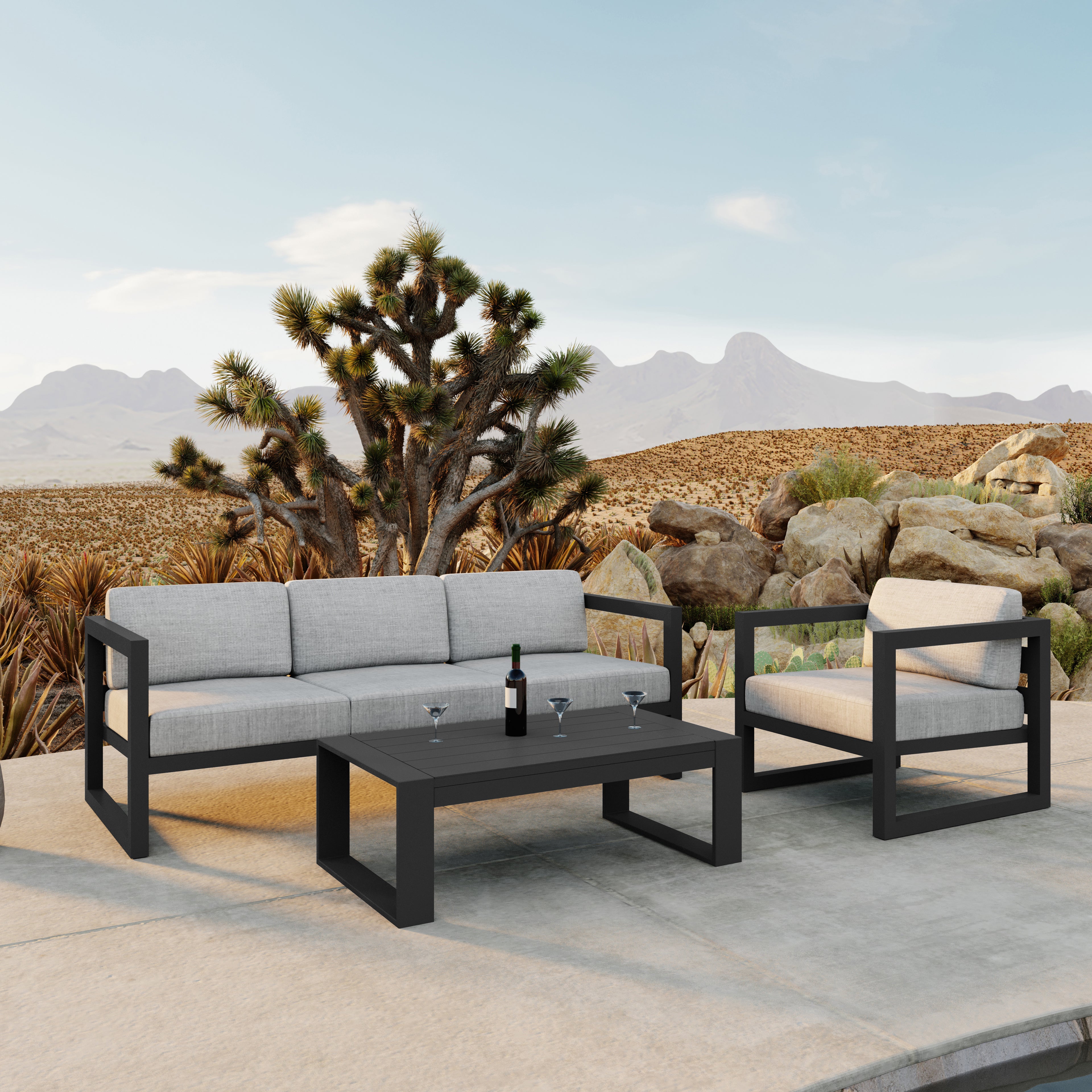 Avion 3 Piece Aluminum Sofa Set#Finish_Slate#Fabric_Cast Silver