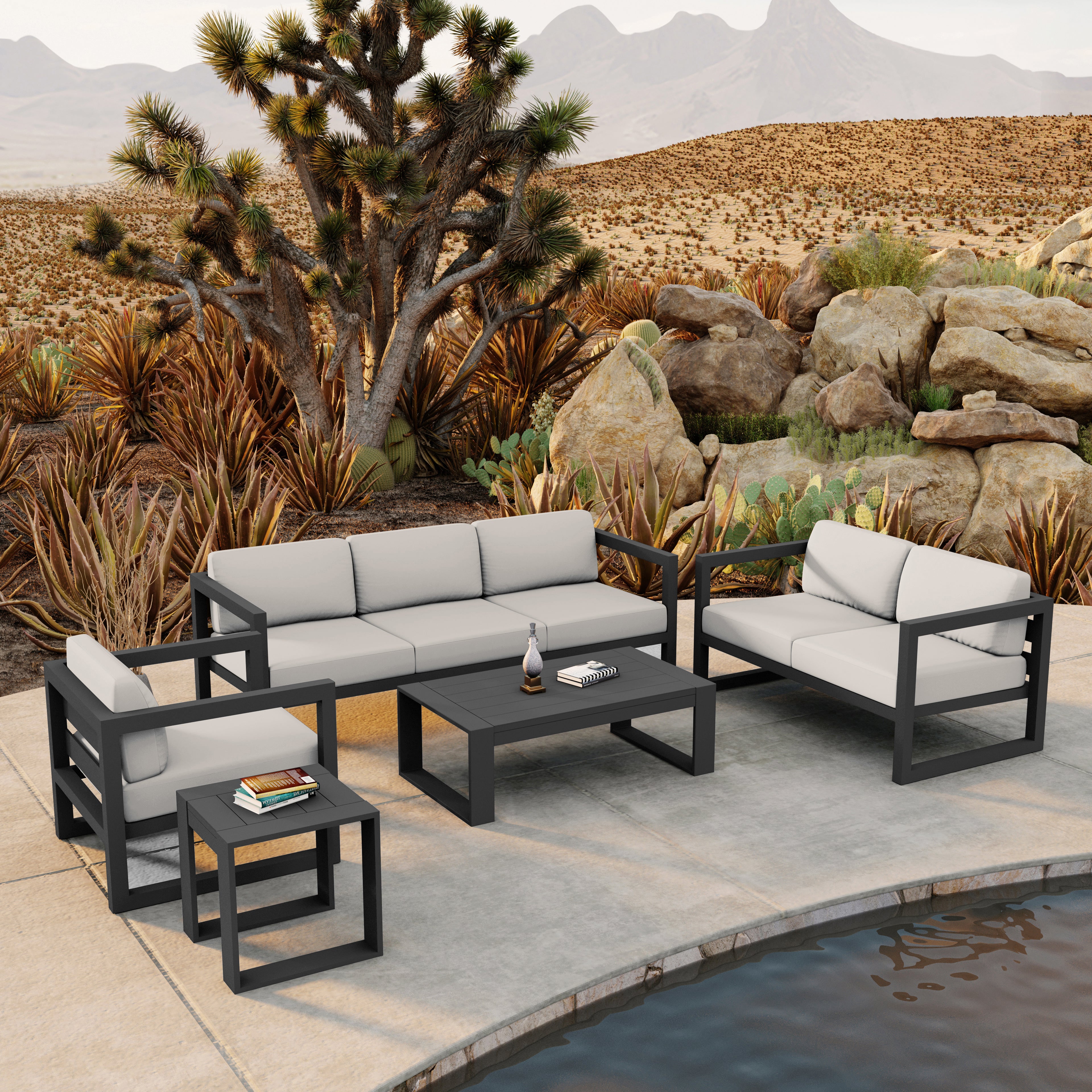 Avion 5 Piece Aluminum Sofa Set#Finish_Slate#Fabric_Canvas Natural