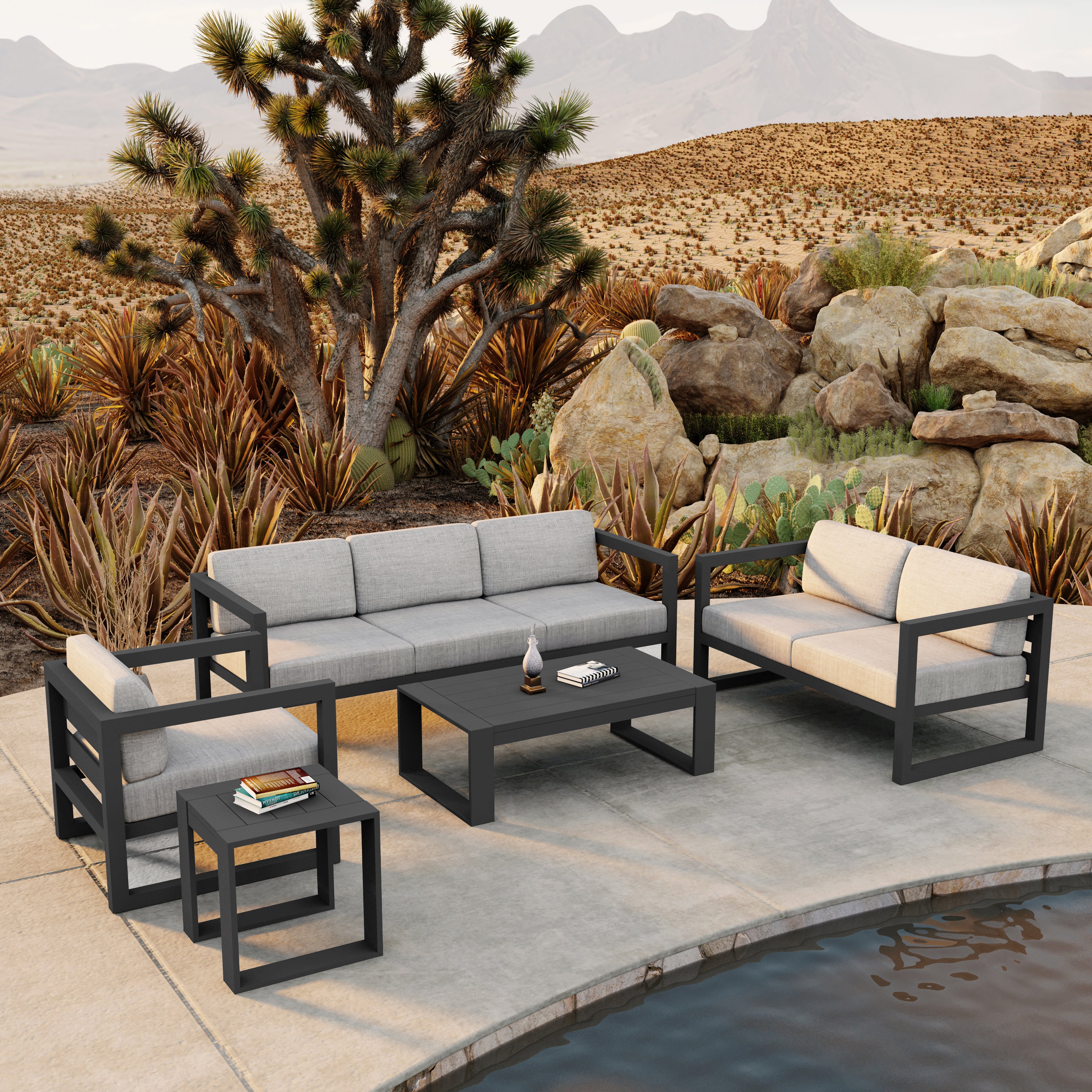 Avion 5 Piece Aluminum Sofa Set#Finish_Slate#Fabric_Cast Silver