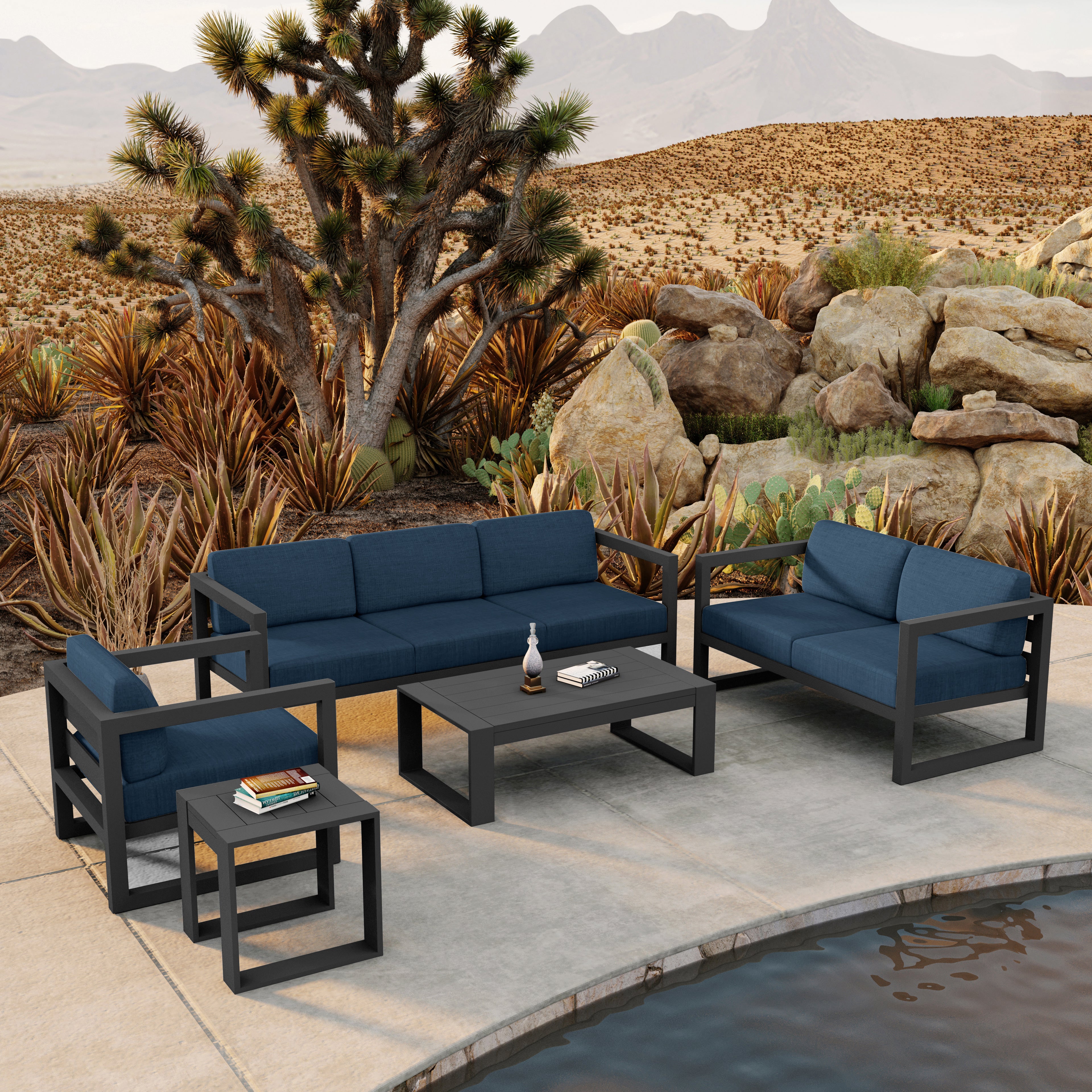 Avion 5 Piece Aluminum Sofa Set#Finish_Slate#Fabric_Spectrum Indigo