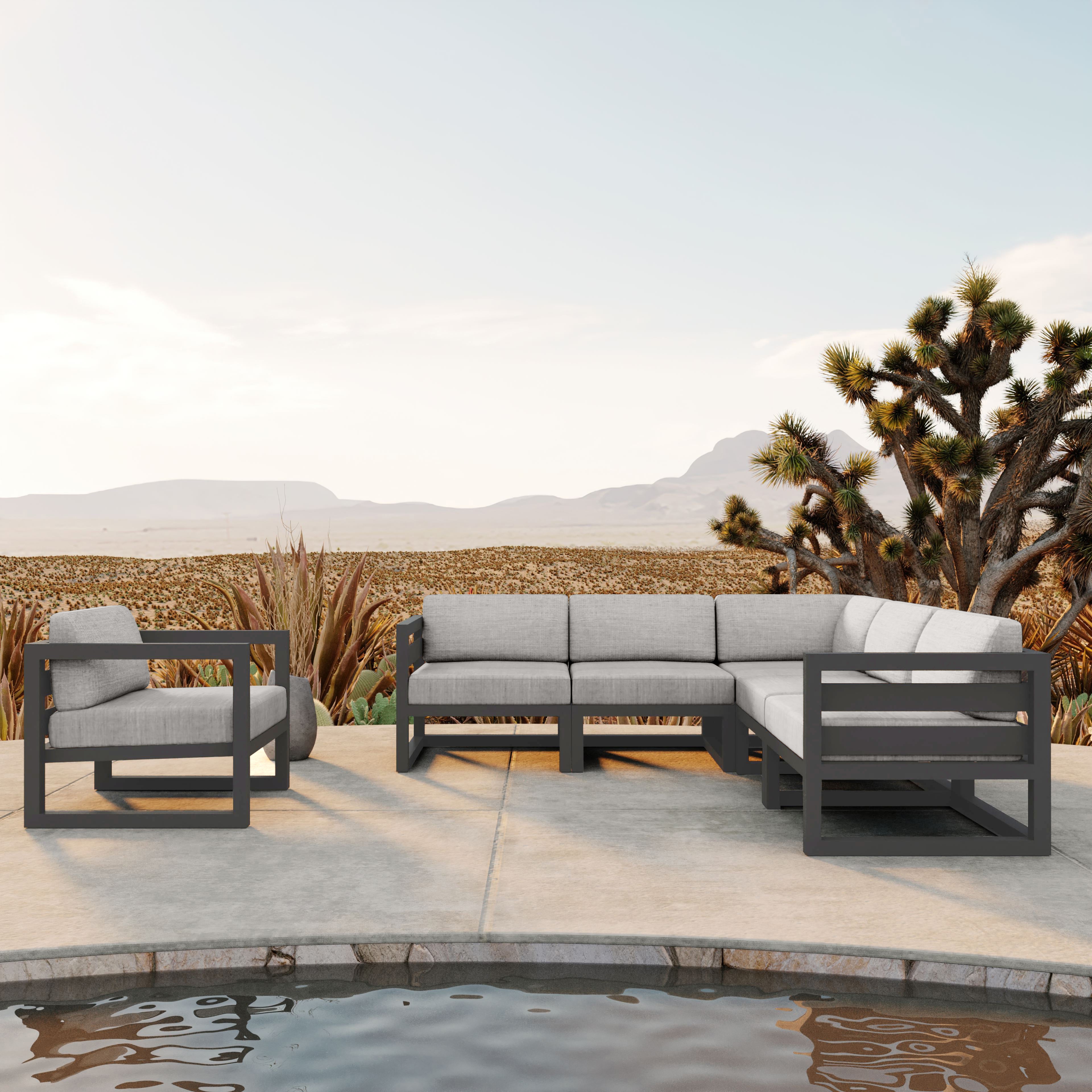Avion 6 Piece Aluminum Sectional Set#Finish_Slate#Fabric_Cast Silver