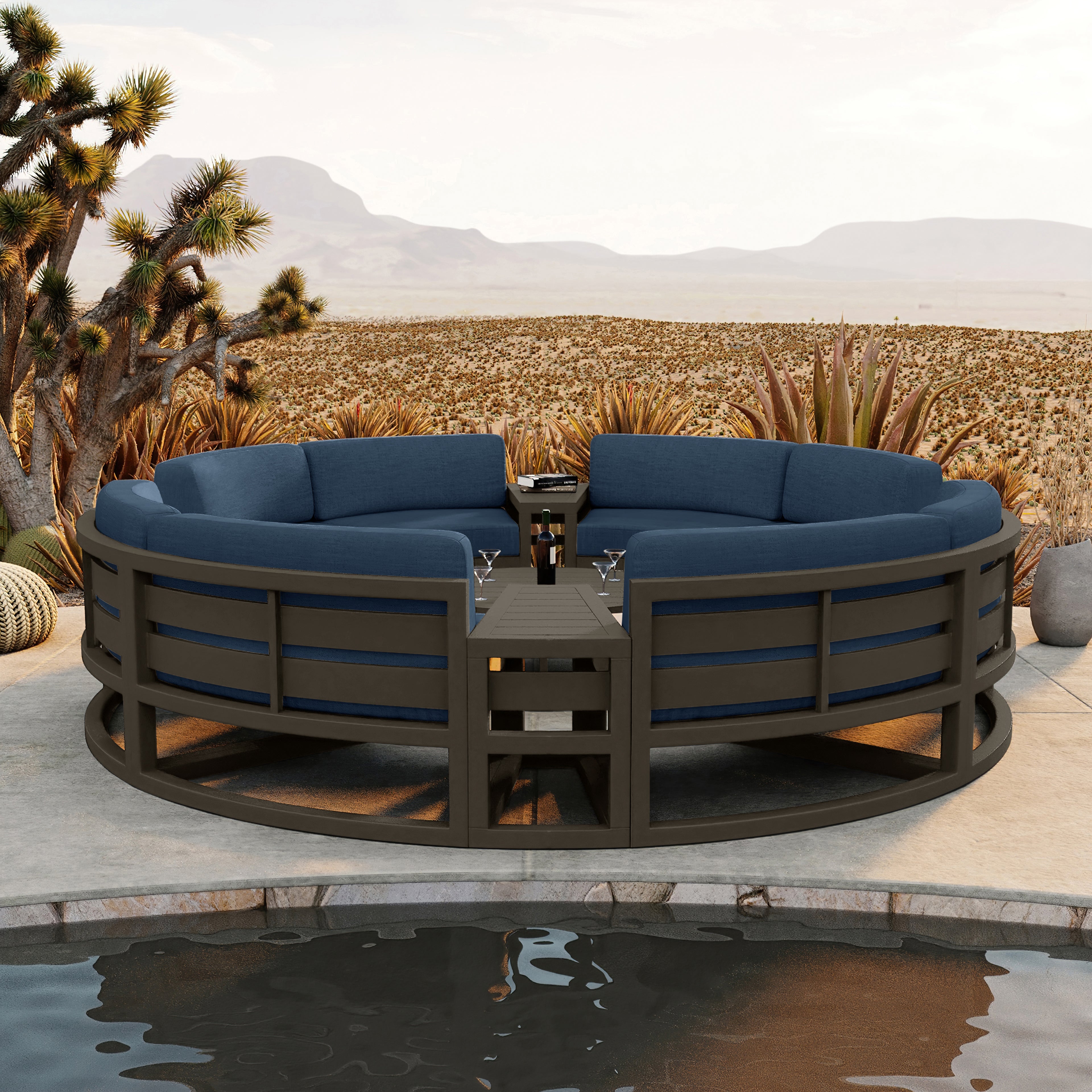 Avion 7 Piece Aluminum Curve Sectional Set#Finish_Slate#Fabric_Spectrum Indigo