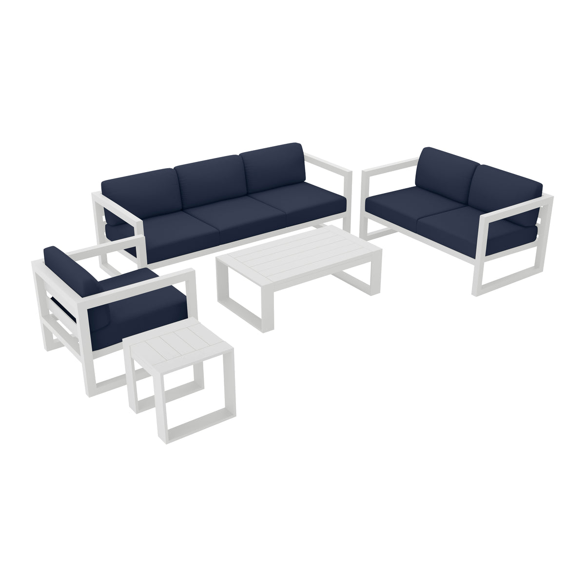 Avion 5 Piece Aluminum Sofa Set#Finish_White#Fabric_Spectrum Indigo