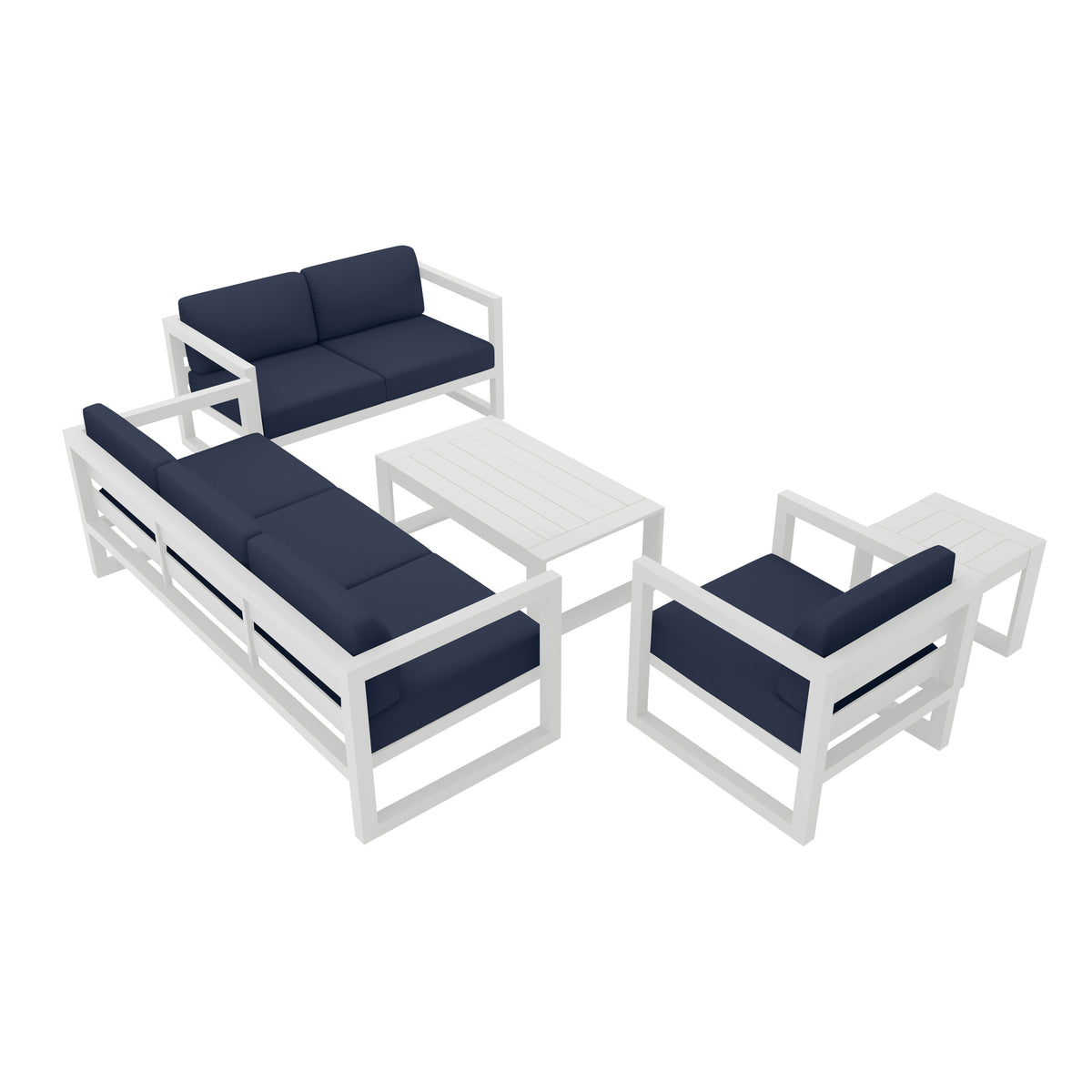Avion 5 Piece Aluminum Sofa Set#Finish_White#Fabric_Spectrum Indigo