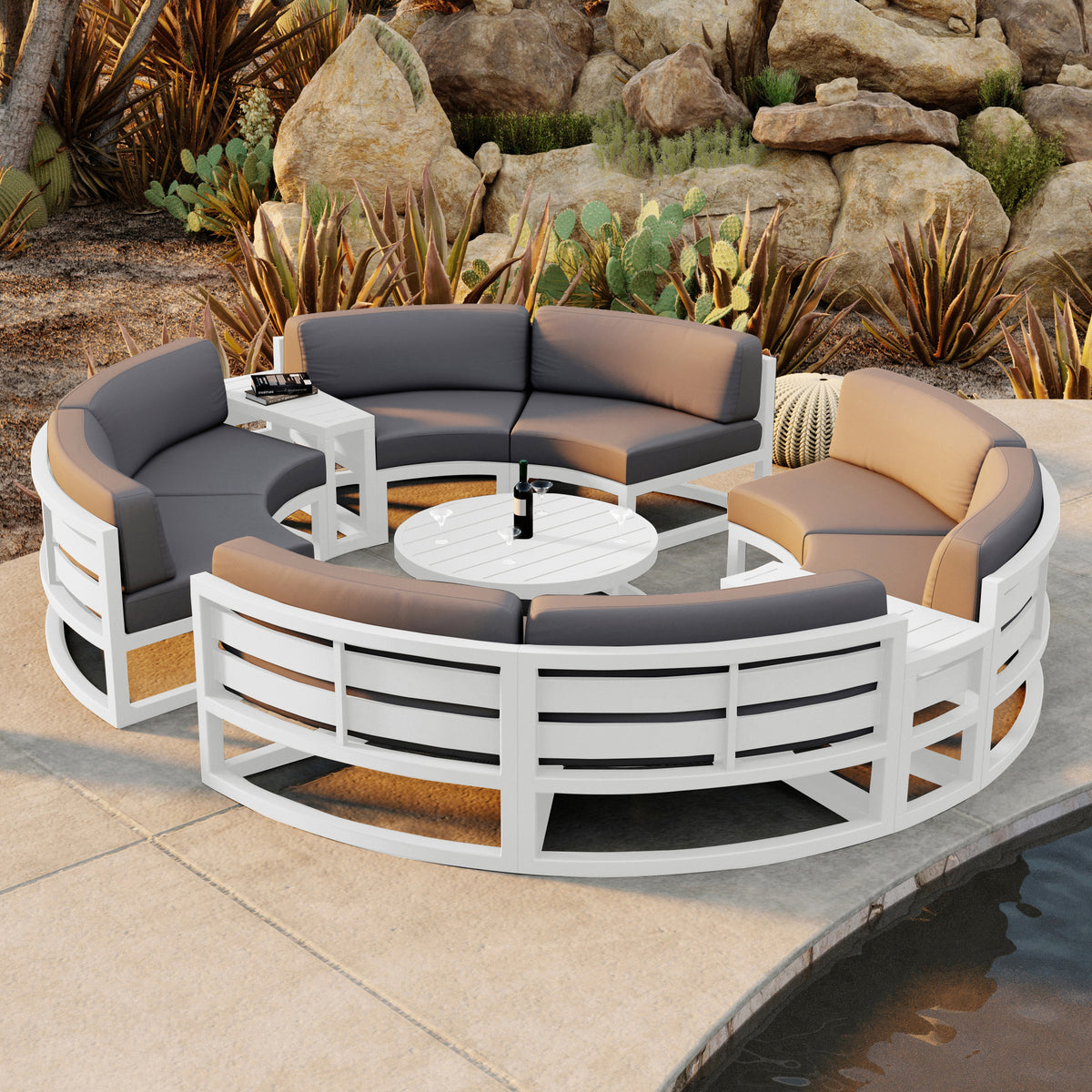 Avion 7 Piece Aluminum Curve Sectional Set#Finish_White#Fabric_Canvas Charcoal