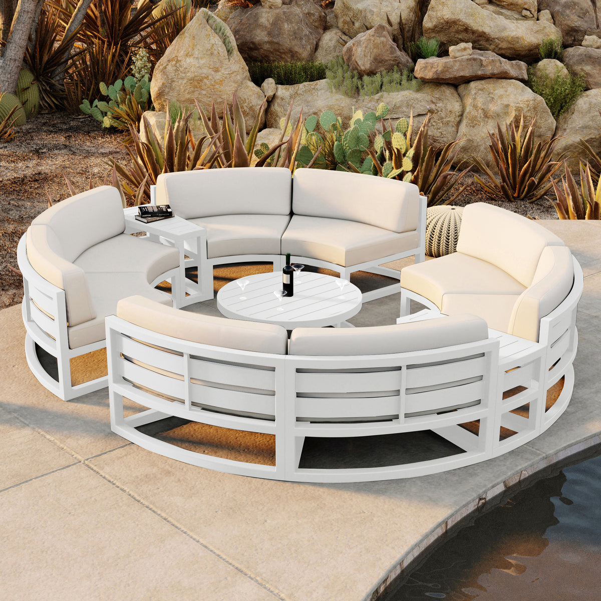 Avion 7 Piece Aluminum Curve Sectional Set#Finish_White#Fabric_Canvas Natural