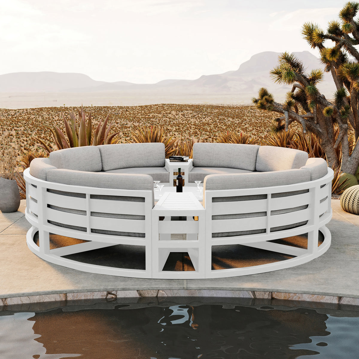 Avion 7 Piece Aluminum Curve Sectional Set#Finish_White#Fabric_Cast Silver