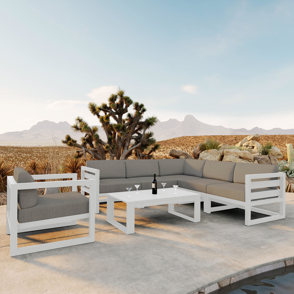 Avion 7 Piece Aluminum Sectional Set#Finish_White#Fabric_Canvas Charcoal