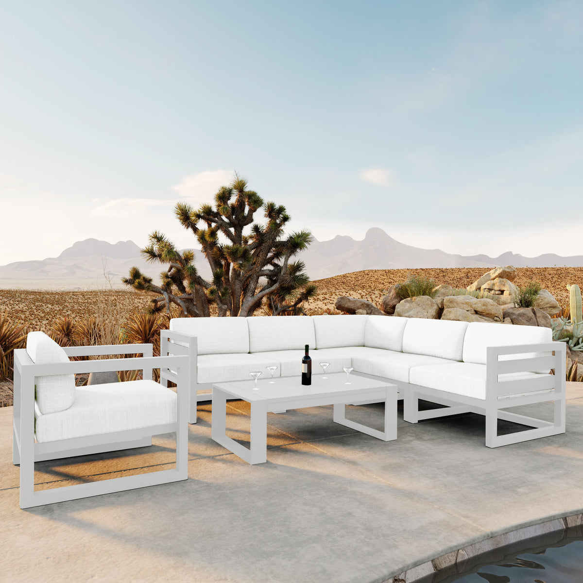 Avion 7 Piece Aluminum Sectional Set#Finish_White#Fabric_Canvas Natural