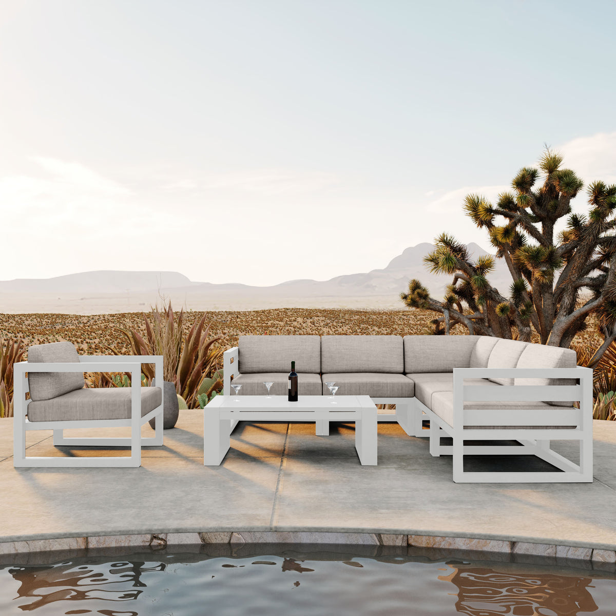 Avion 7 Piece Aluminum Sectional Set#Finish_White#Fabric_Cast Silver