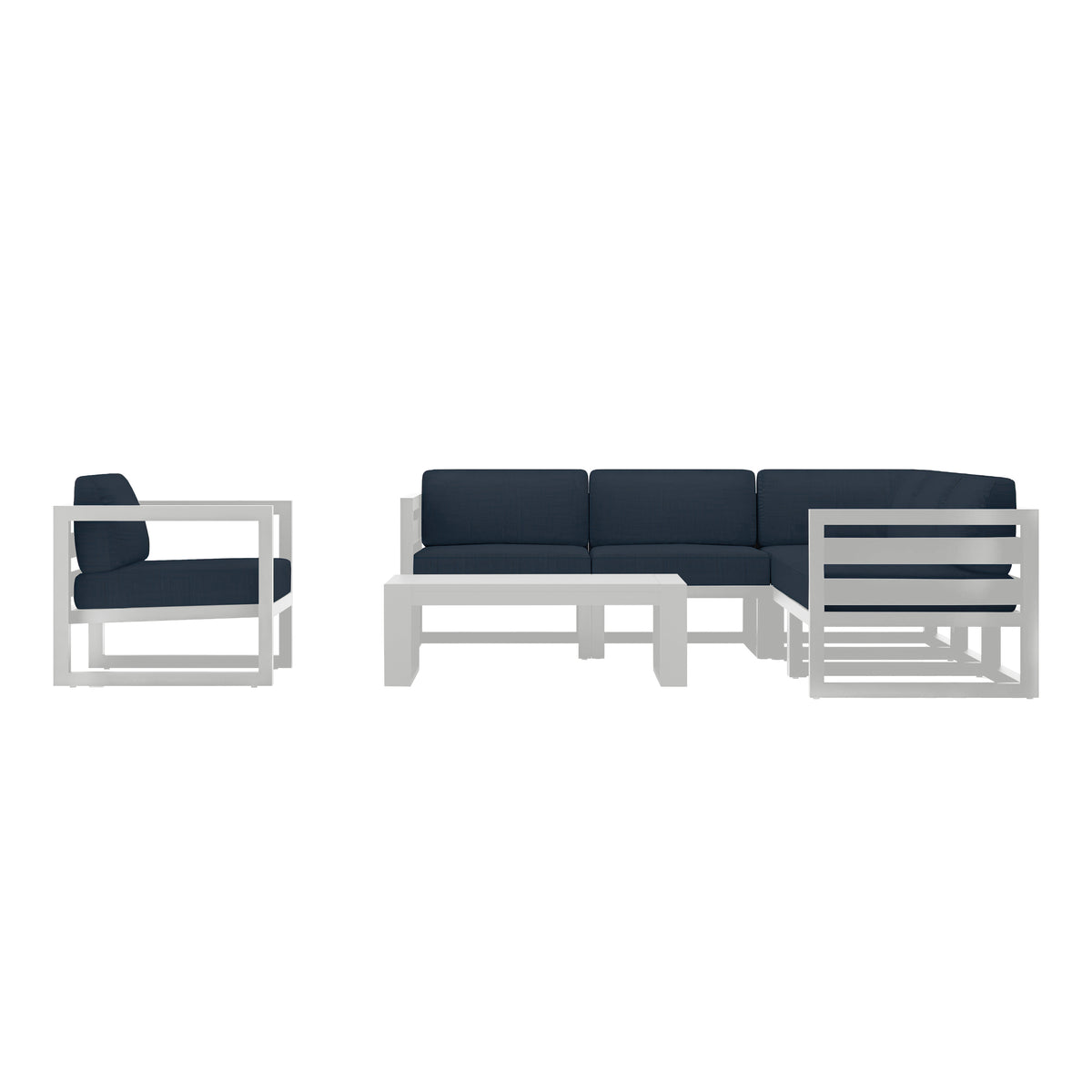 Avion 7 Piece Aluminum Sectional Set#Finish_White#Fabric_Spectrum Indigo