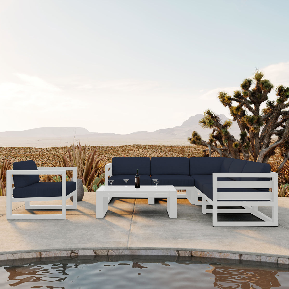 Avion 7 Piece Aluminum Sectional Set#Finish_White#Fabric_Spectrum Indigo