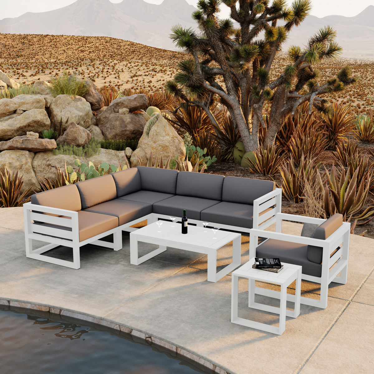 Avion 8 Piece Aluminum Sectional Set#Finish_White#Fabric_Canvas Charcoal