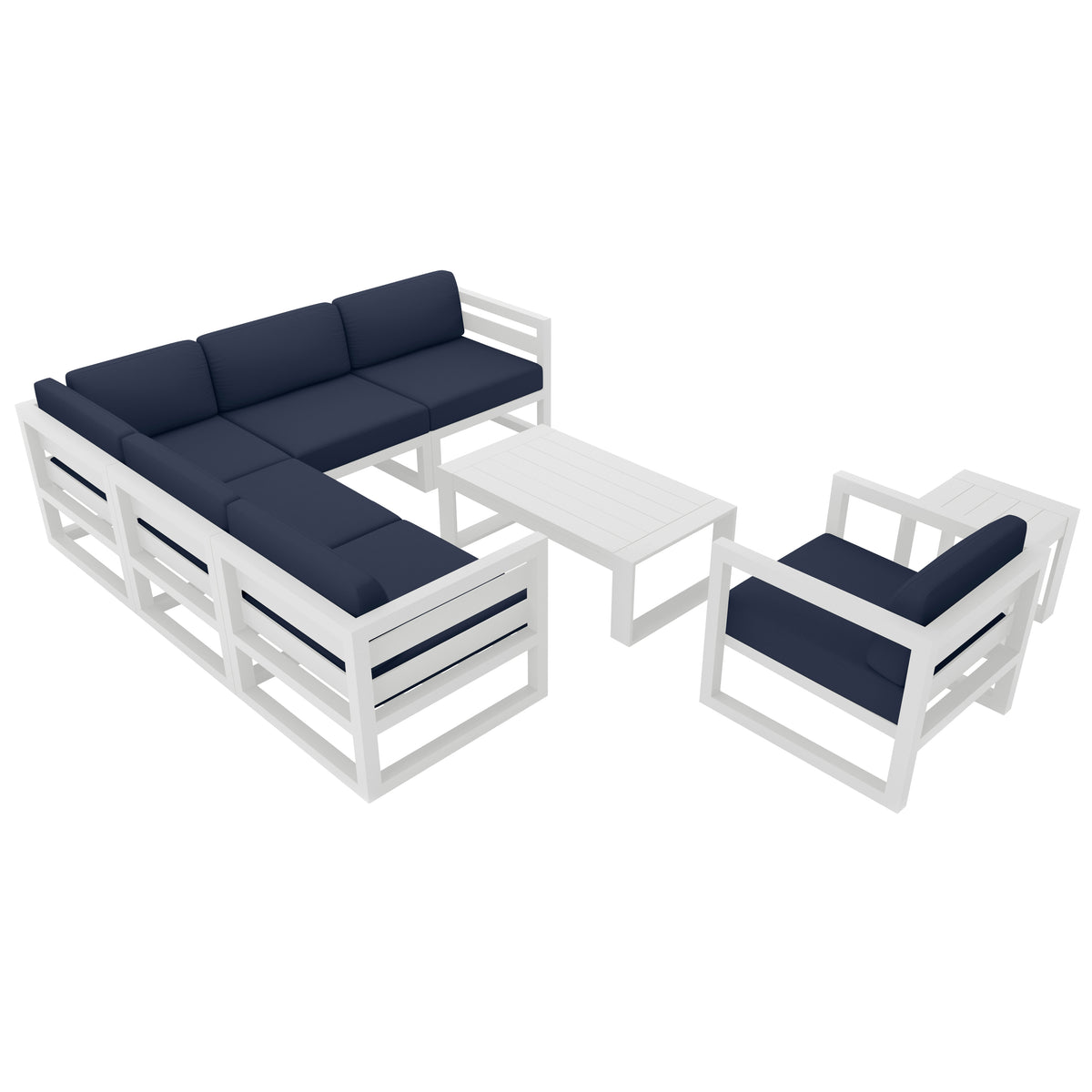 Avion 8 Piece Aluminum Sectional Set#Finish_White#Fabric_Spectrum Indigo