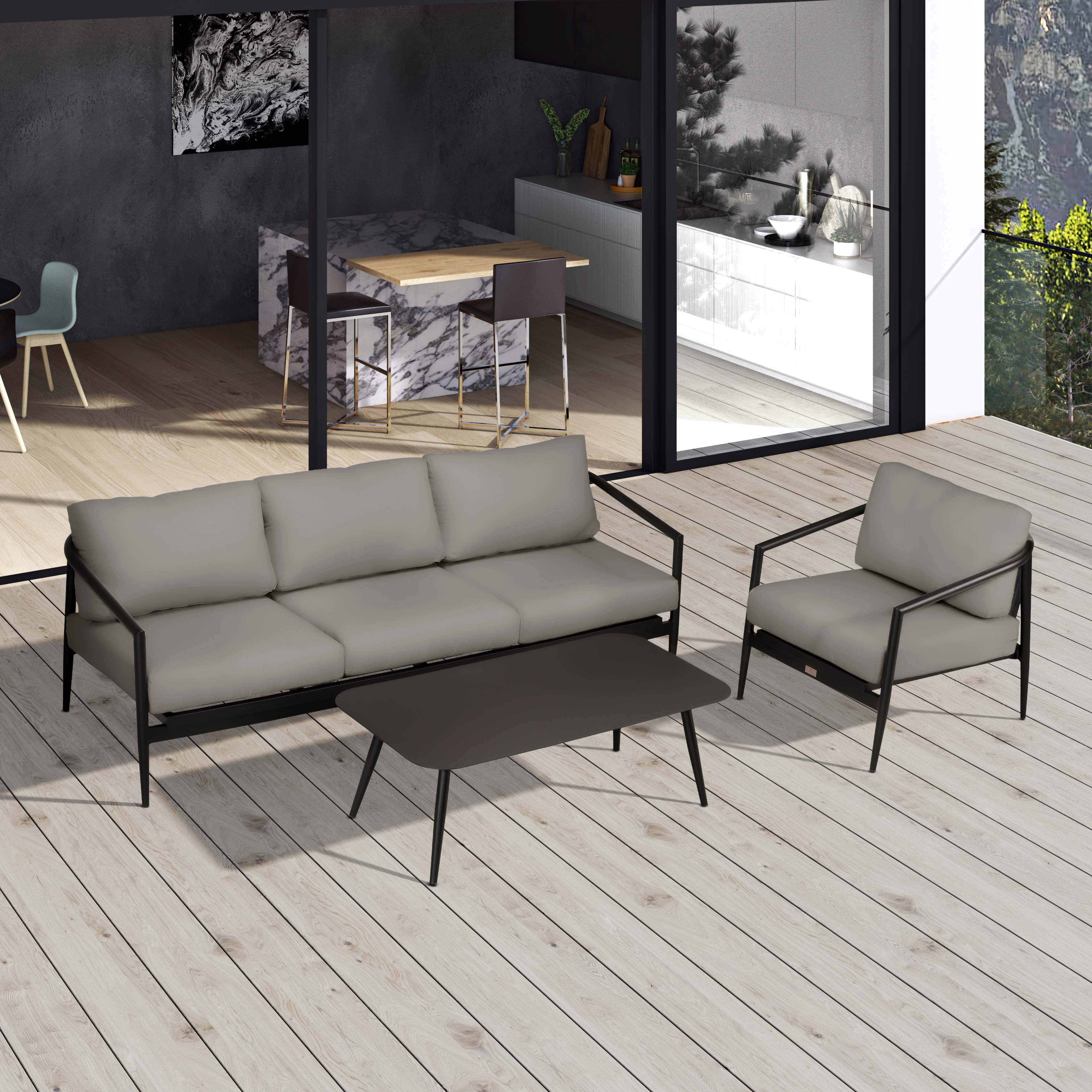 Olio 3 Piece Aluminum Sofa Set#Finish_Black#Fabric_Canvas Charcoal