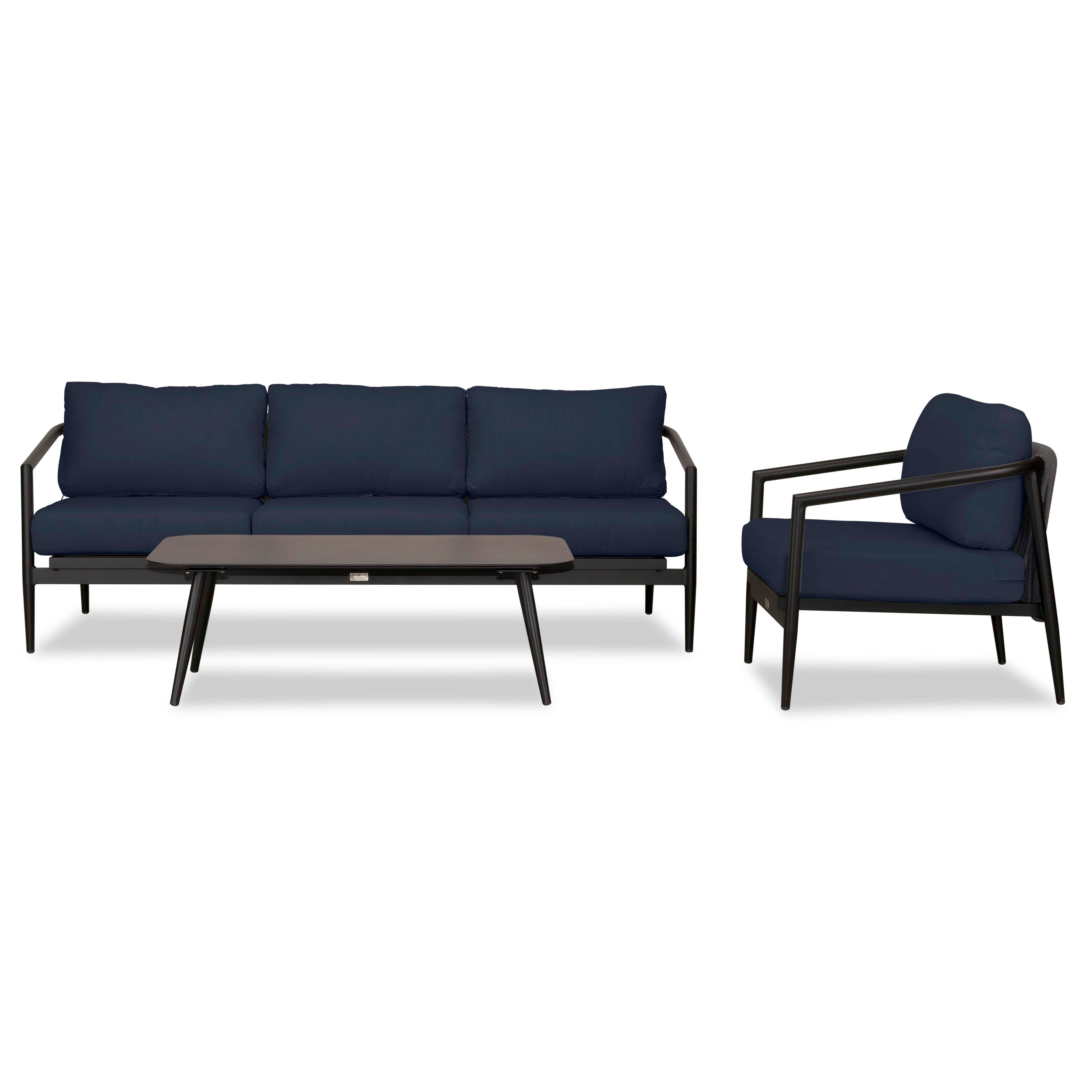 Olio 3 Piece Aluminum Sofa Set#Finish_Black#Fabric_Spectrum Indigo