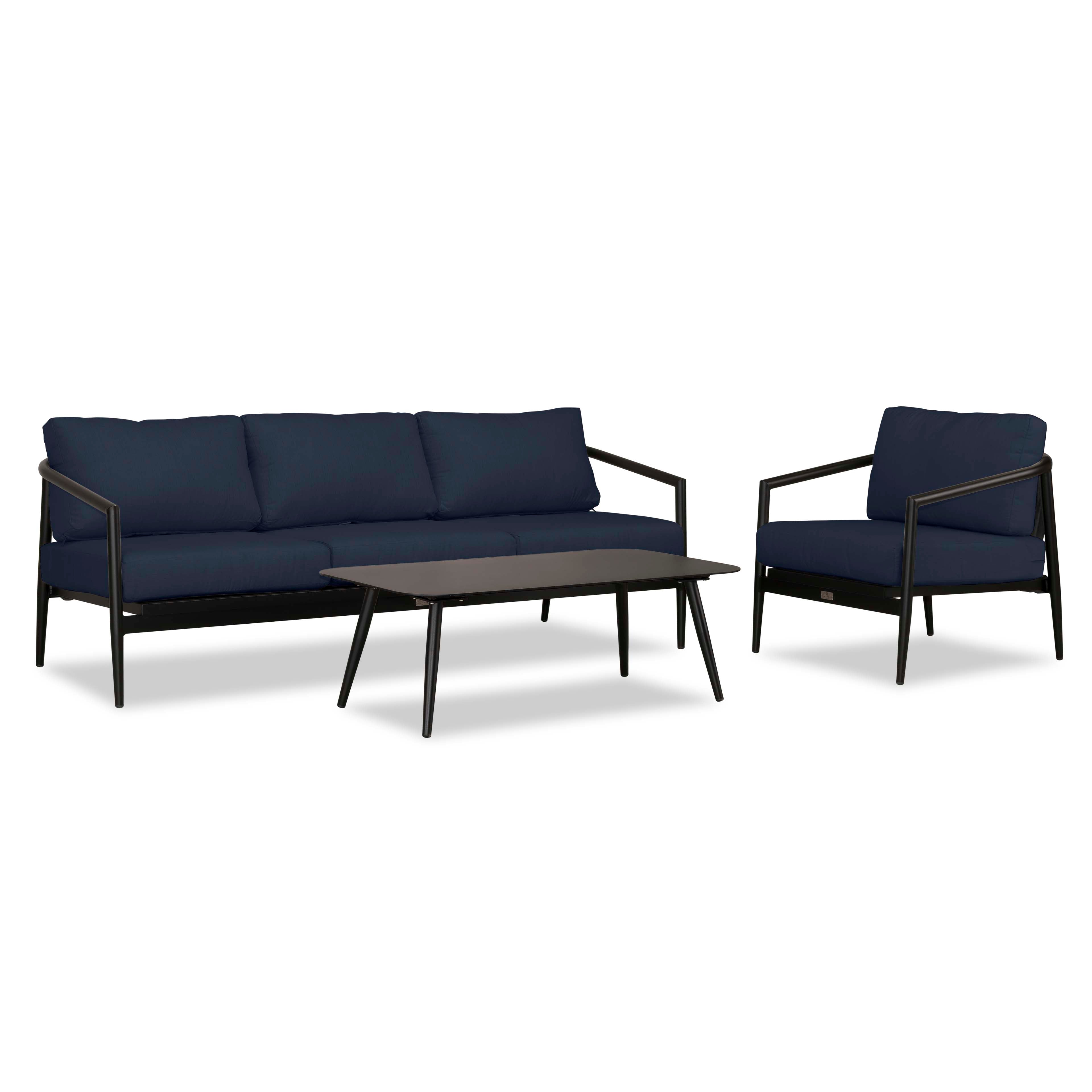 Olio 3 Piece Aluminum Sofa Set#Finish_Black#Fabric_Spectrum Indigo