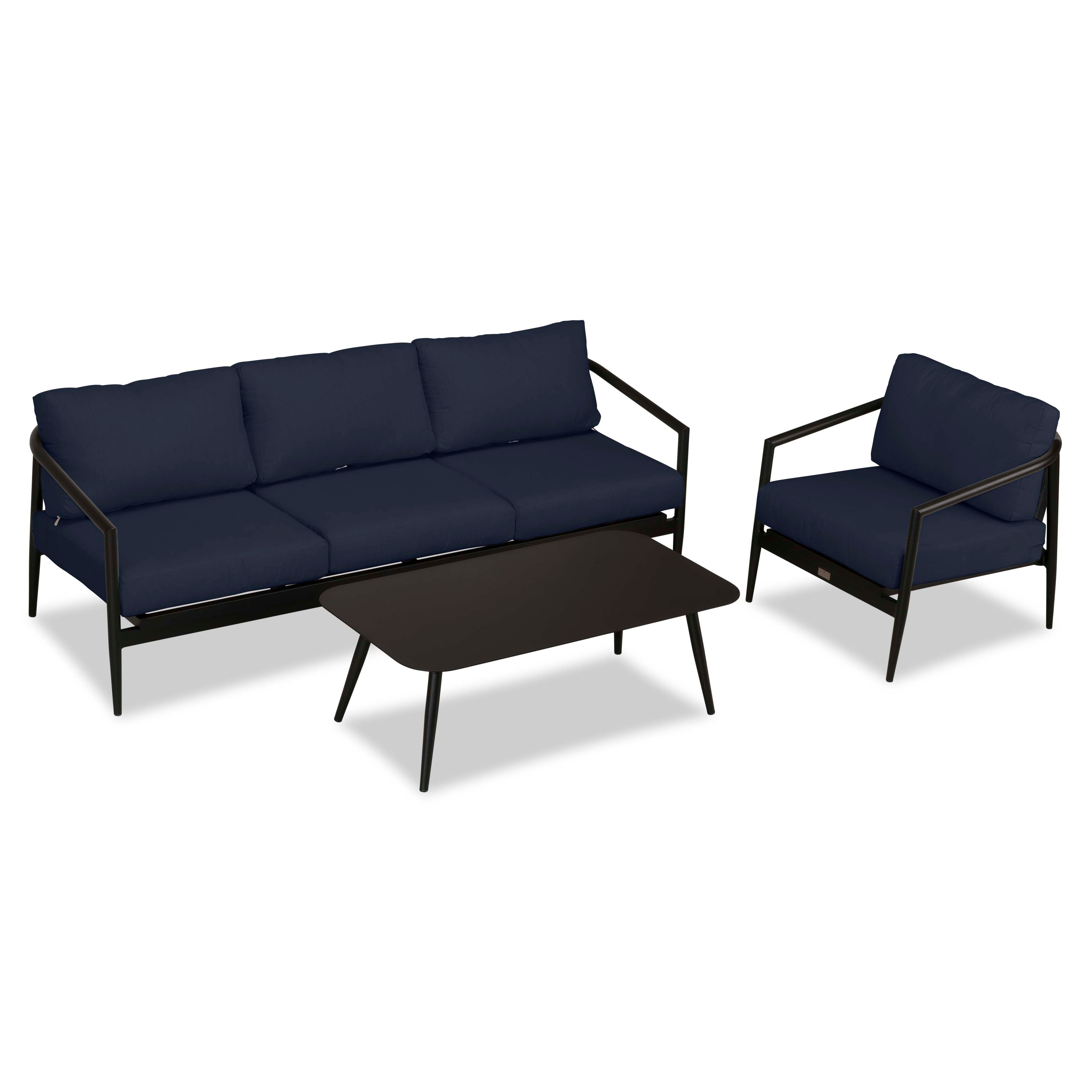 Olio 3 Piece Aluminum Sofa Set#Finish_Black#Fabric_Spectrum Indigo