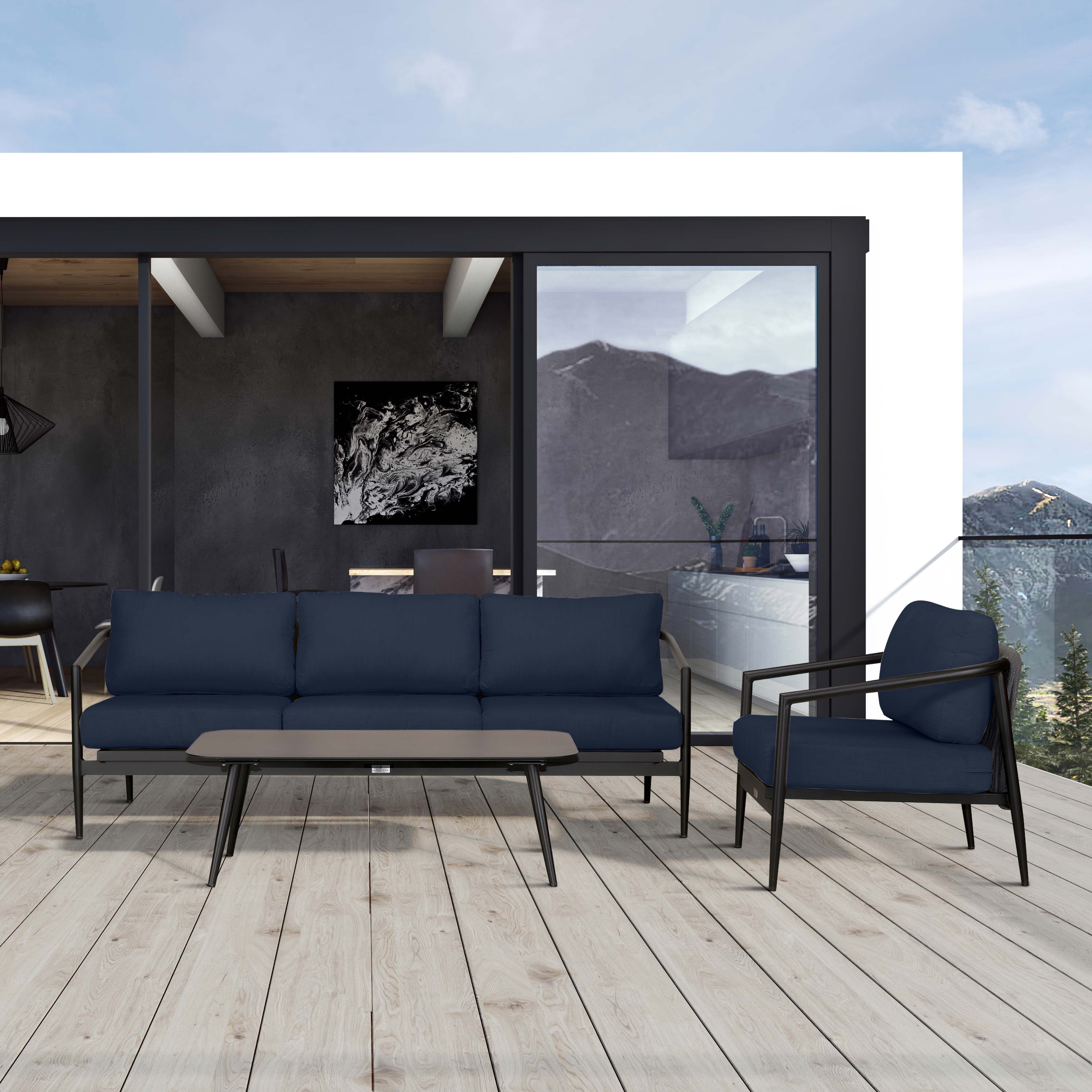 Olio 3 Piece Aluminum Sofa Set#Finish_Black#Fabric_Spectrum Indigo