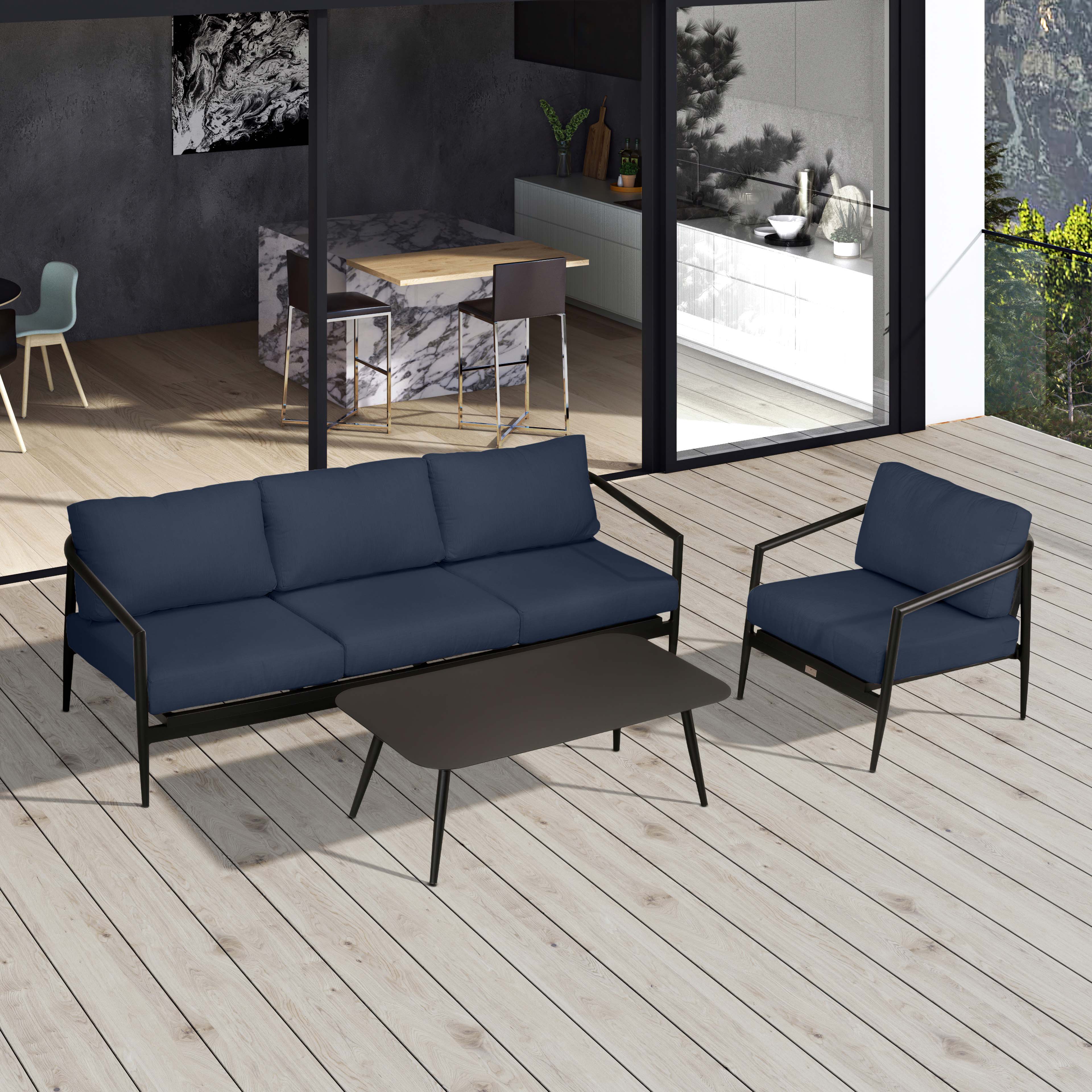 Olio 3 Piece Aluminum Sofa Set#Finish_Black#Fabric_Spectrum Indigo