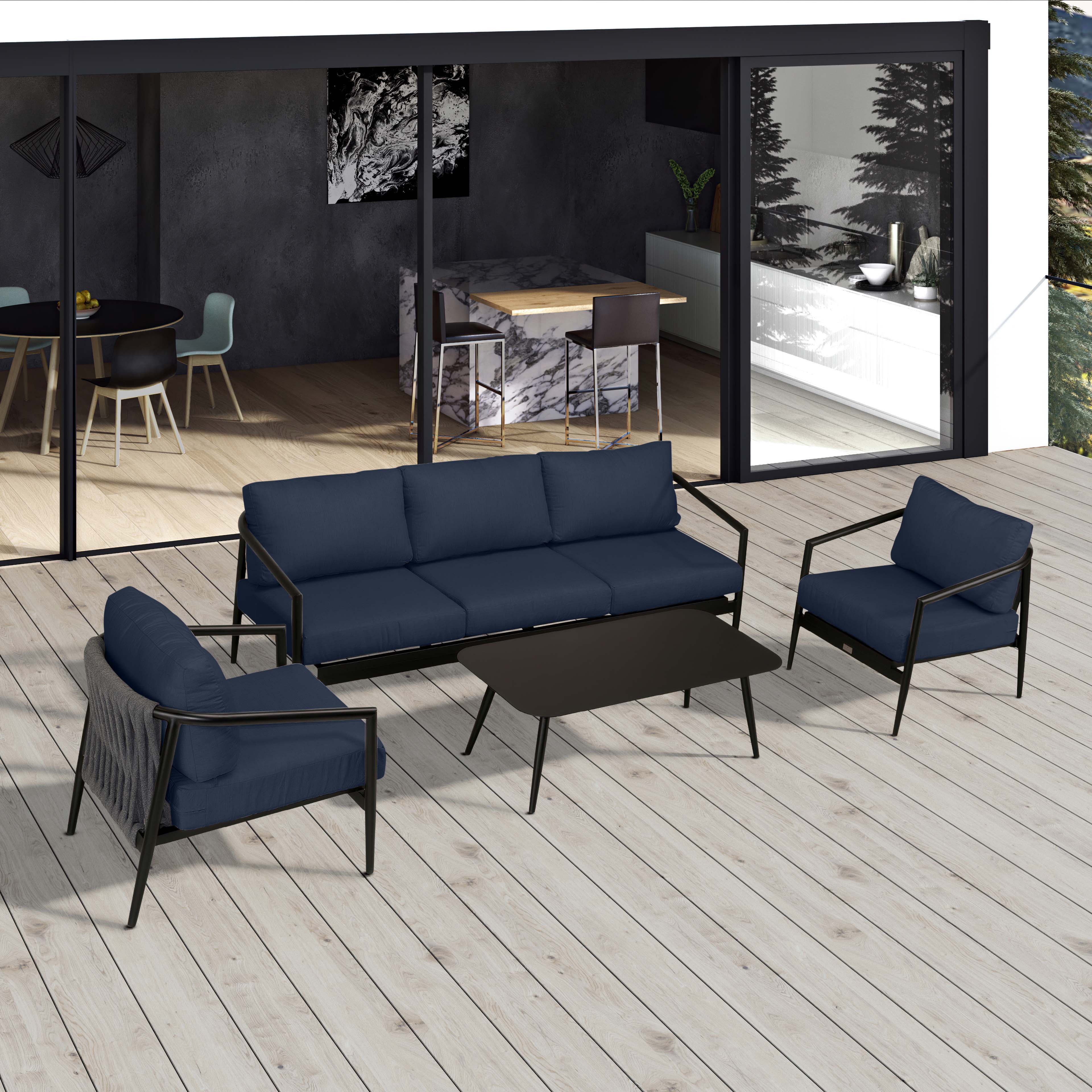 Olio 4 Piece Sofa Set#Finish_Black#Fabric_Spectrum Indigo