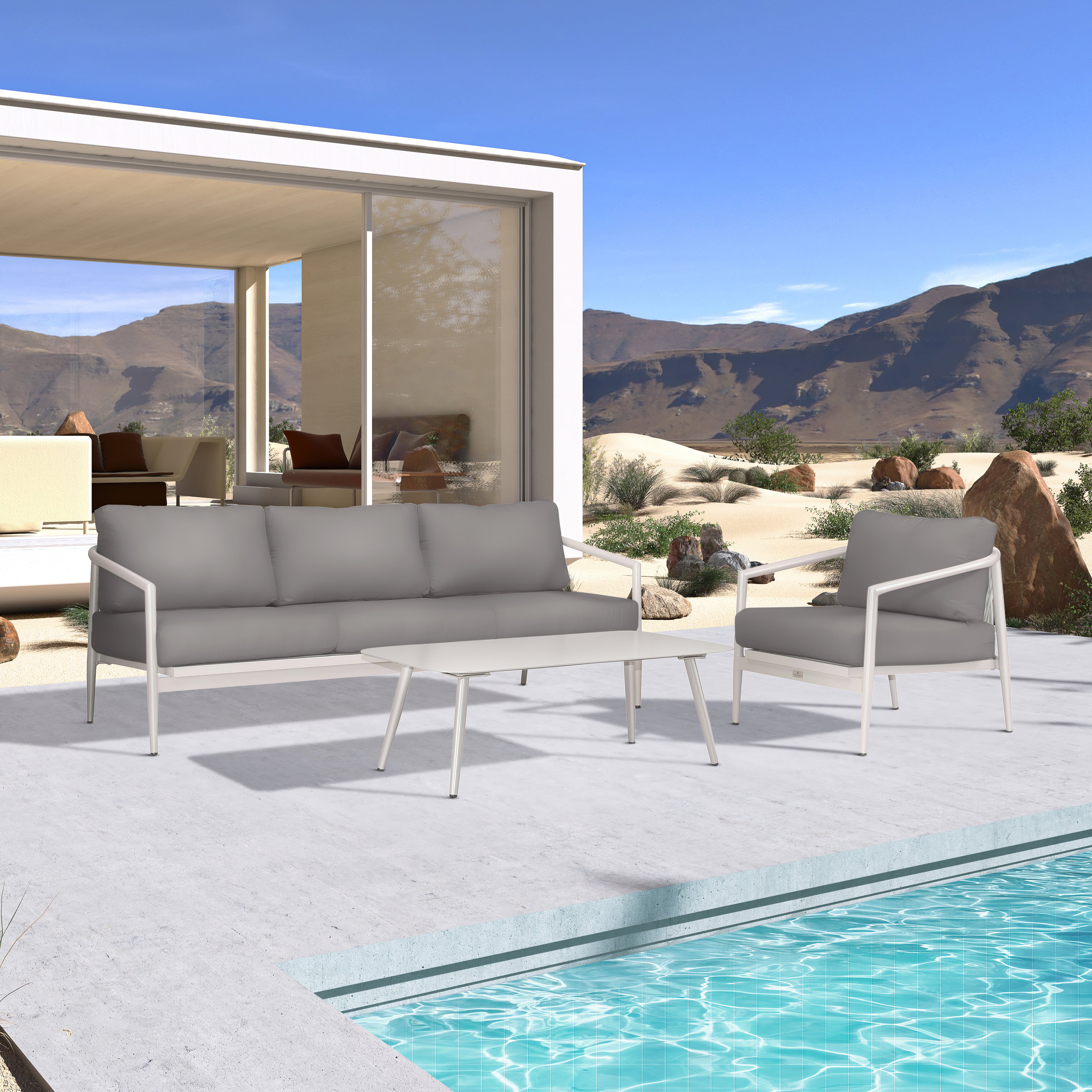 Olio 3 Piece Aluminum Sofa Set#Finish_Urban Stone#Fabric_Canvas Charcoal