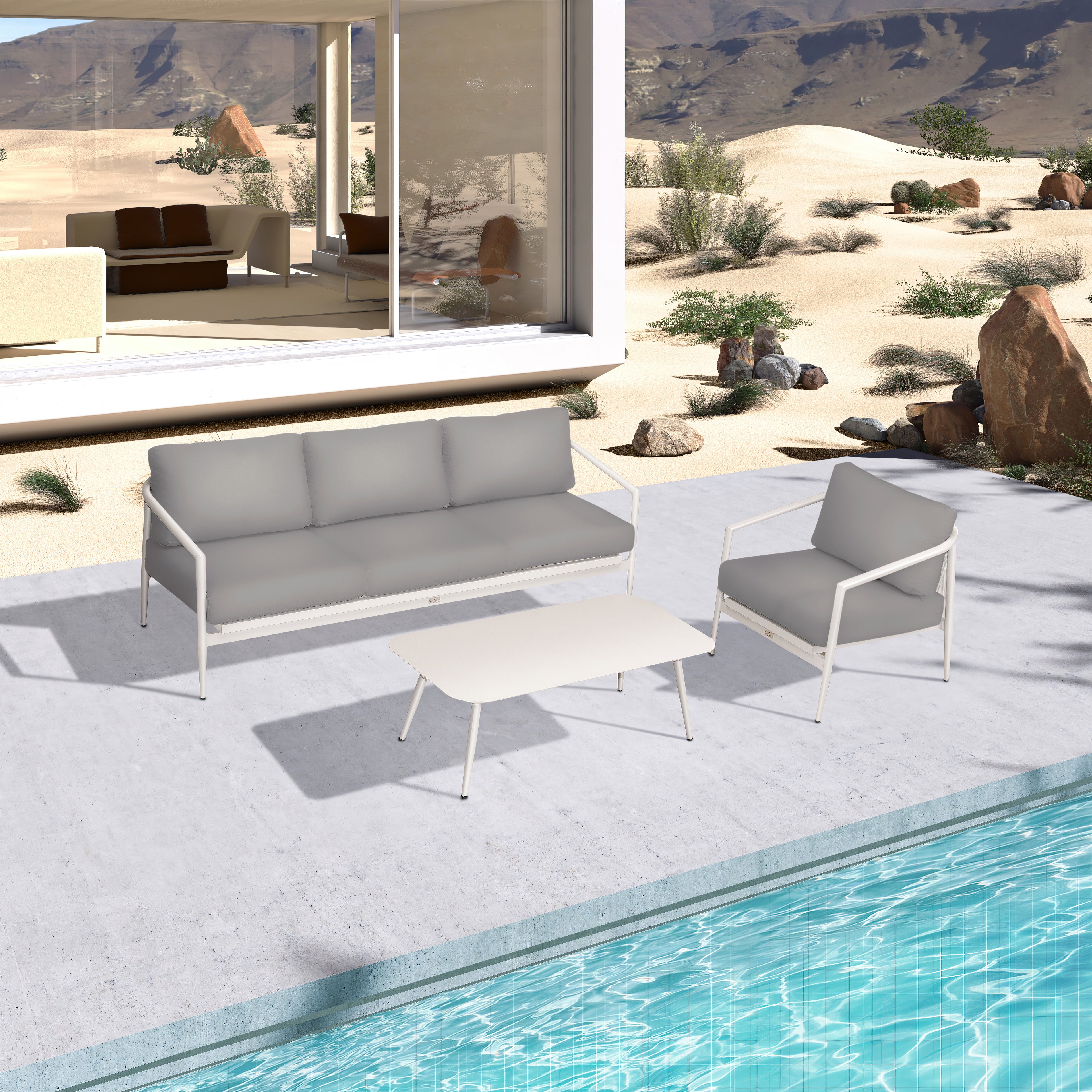 Olio 3 Piece Aluminum Sofa Set#Finish_Urban Stone#Fabric_Canvas Charcoal