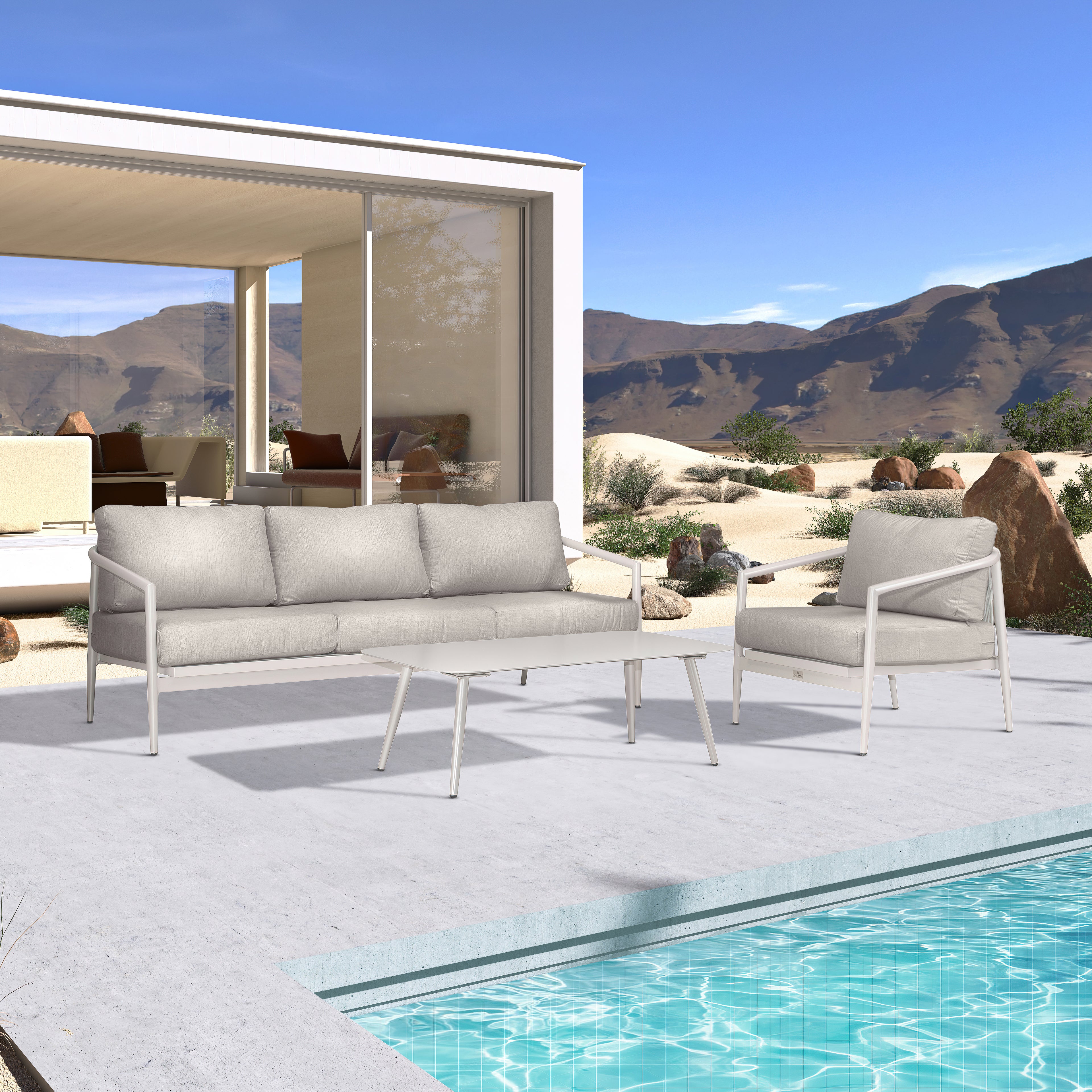 Olio 3 Piece Aluminum Sofa Set#Finish_Urban Stone#Fabric_Cast Silver