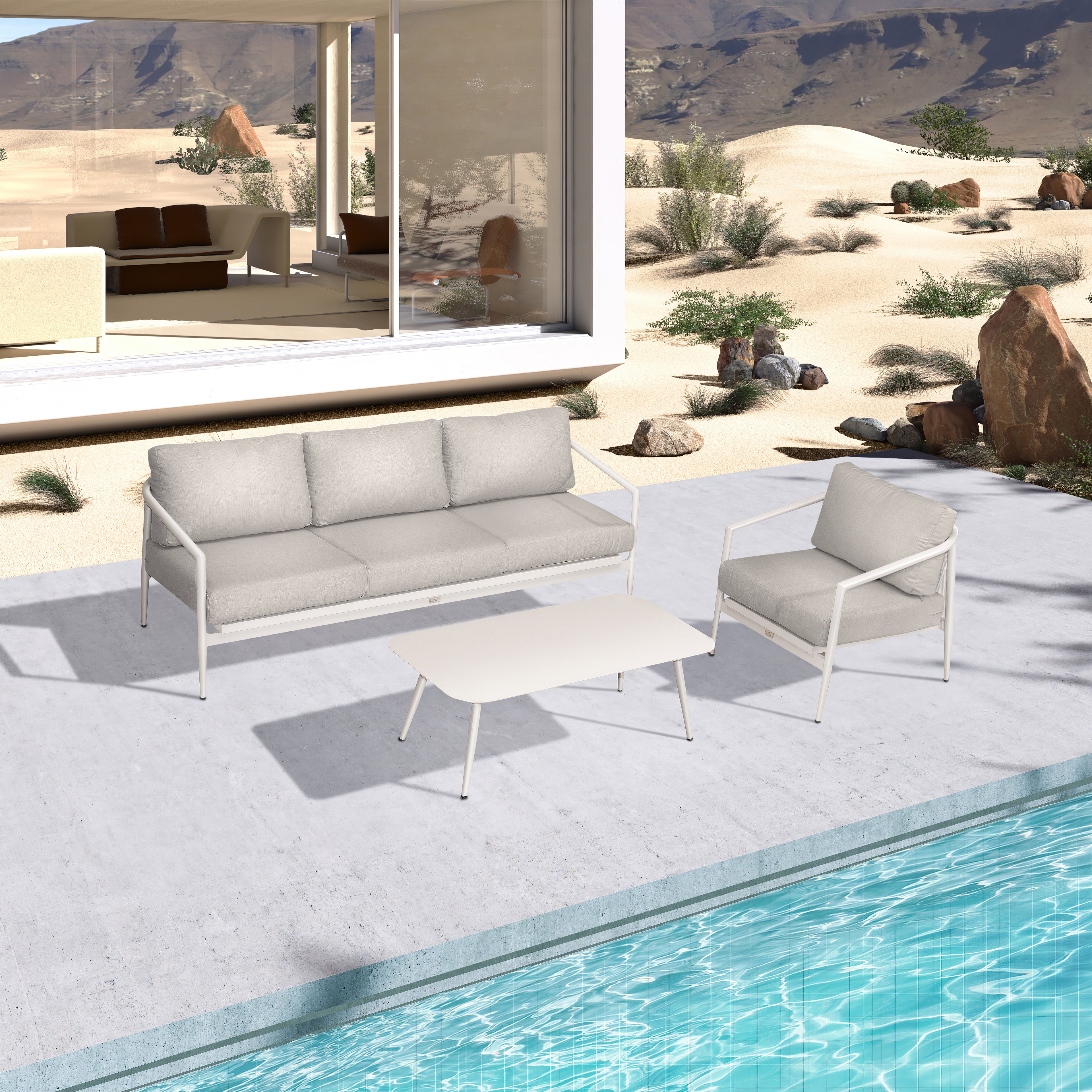 Olio 3 Piece Aluminum Sofa Set#Finish_Urban Stone#Fabric_Cast Silver