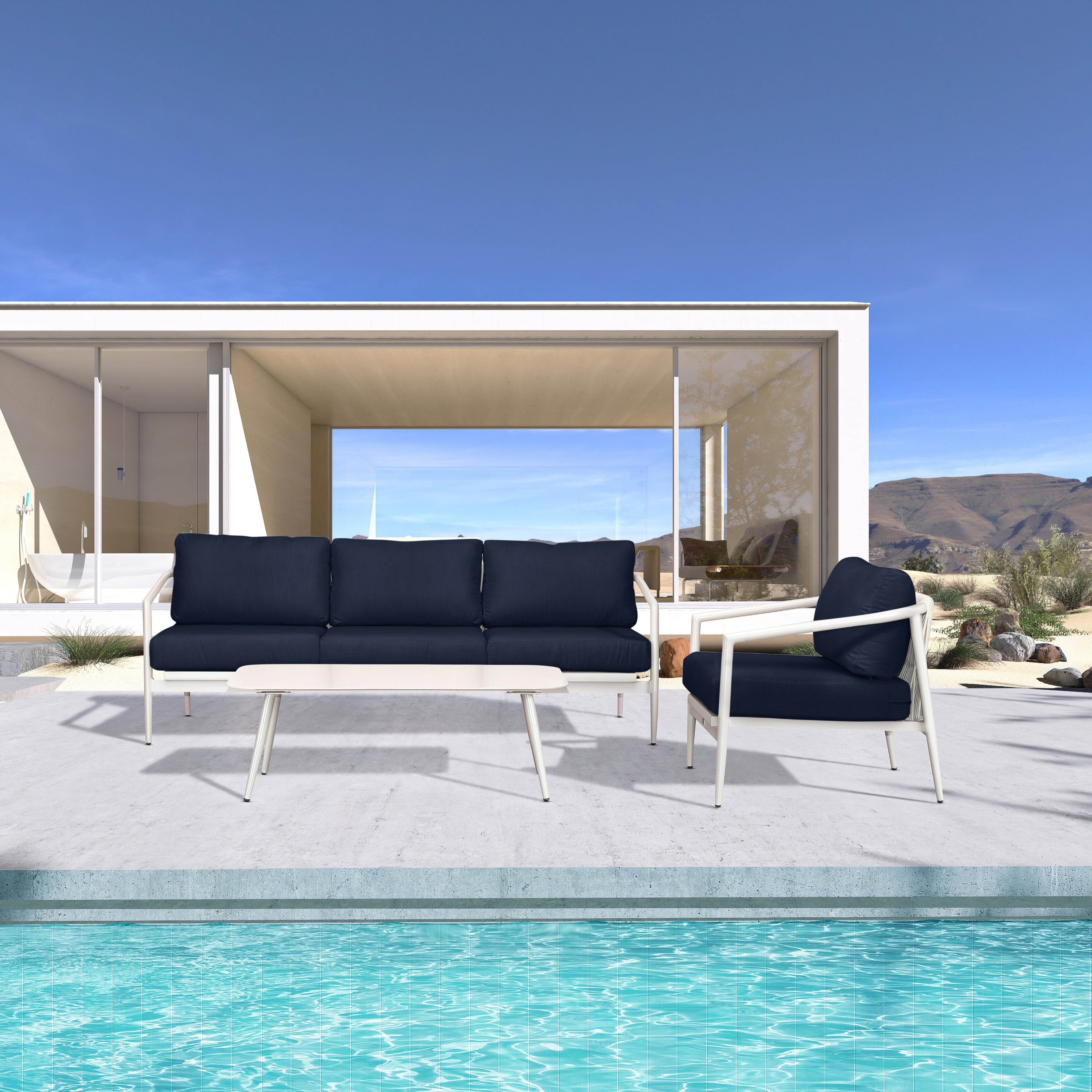 Olio 3 Piece Aluminum Sofa Set#Finish_Urban Stone#Fabric_Spectrum Indigo