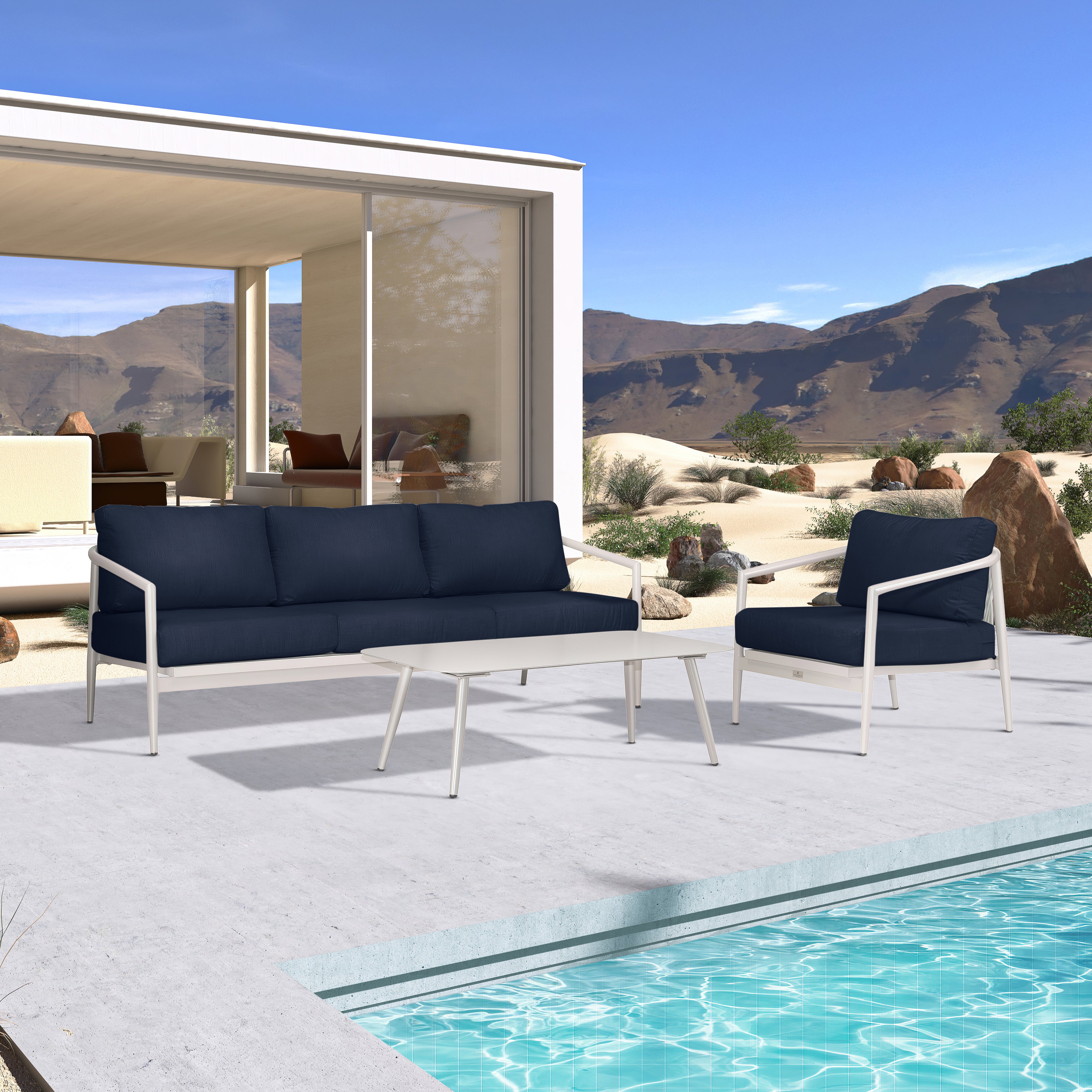 Olio 3 Piece Aluminum Sofa Set#Finish_Urban Stone#Fabric_Spectrum Indigo