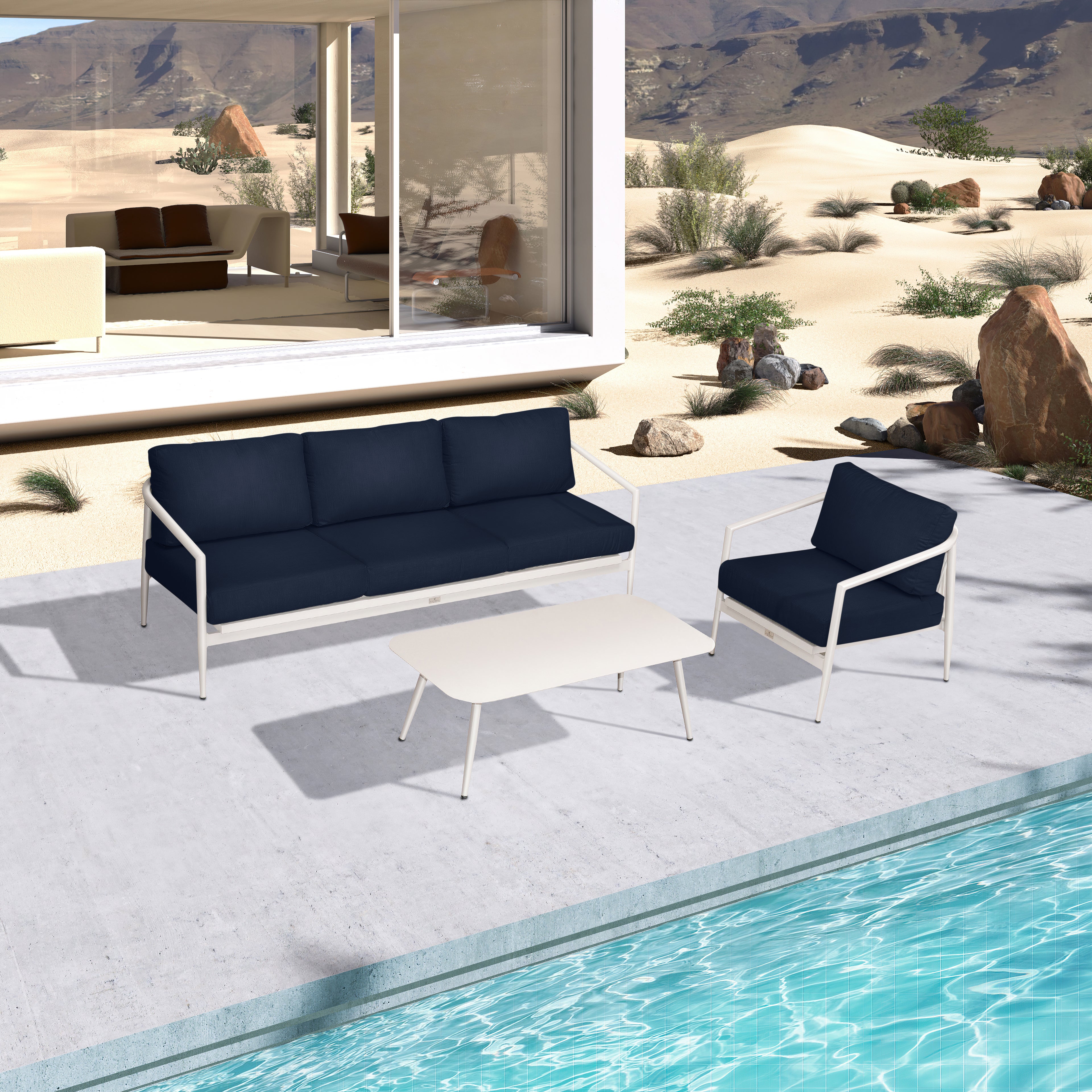 Olio 3 Piece Aluminum Sofa Set#Finish_Urban Stone#Fabric_Spectrum Indigo