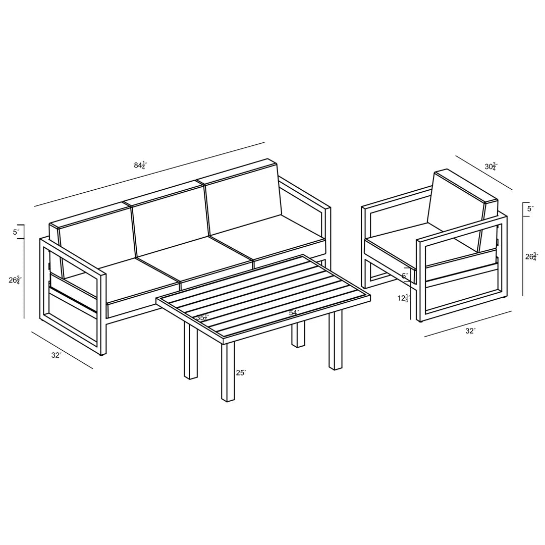 Avion Classic 3 Piece Aluminum Sofa Set - Black - Spectrum Indigo
