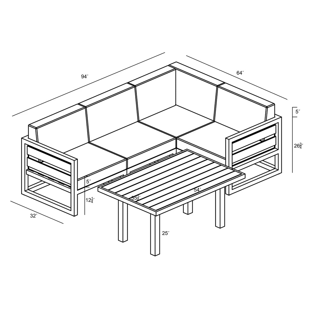 Avion Classic 5 Piece Aluminum Sectional Set - Black - Cast Silver
