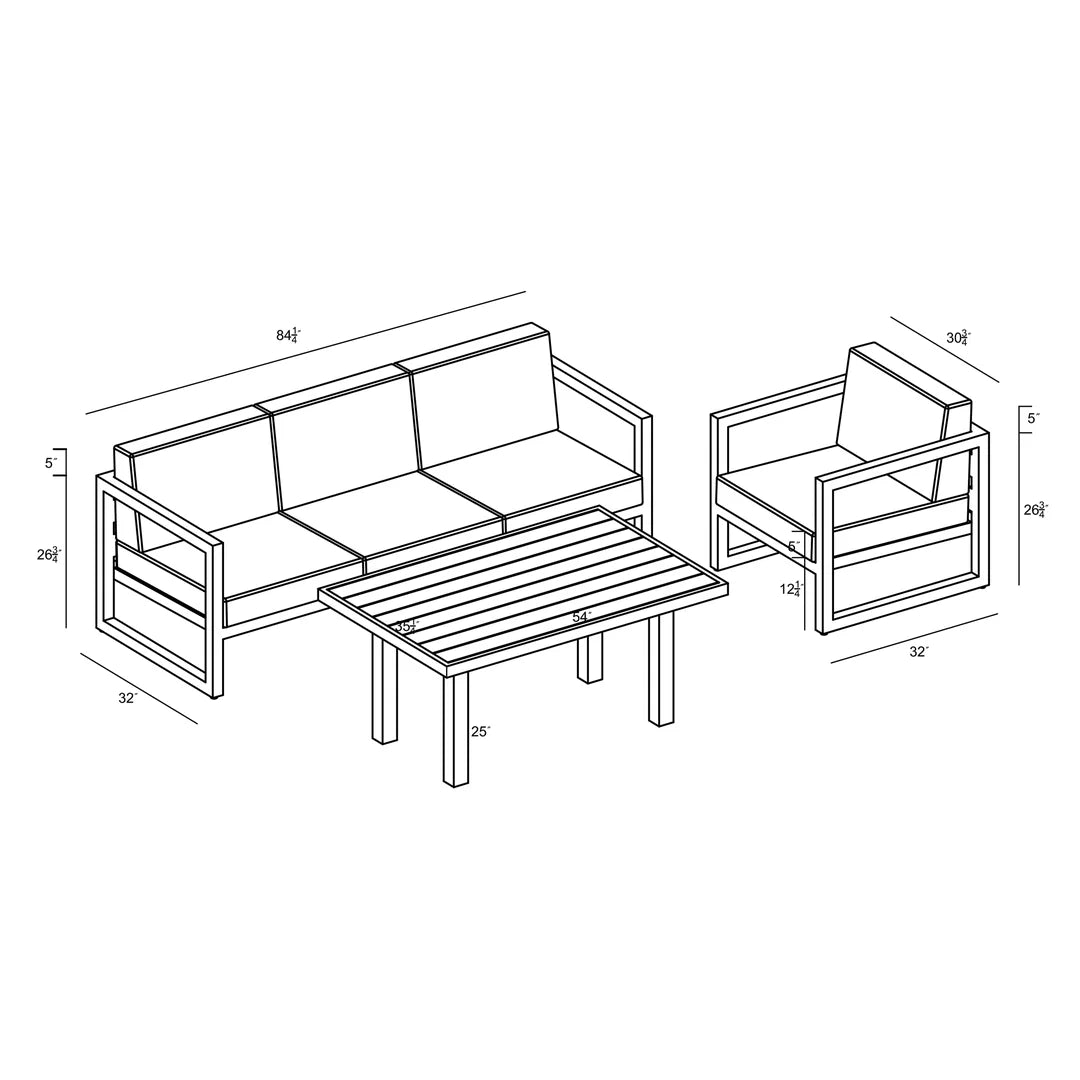 Avion Classic 3 Piece Aluminum Sofa Set - Slate - Canvas Natural