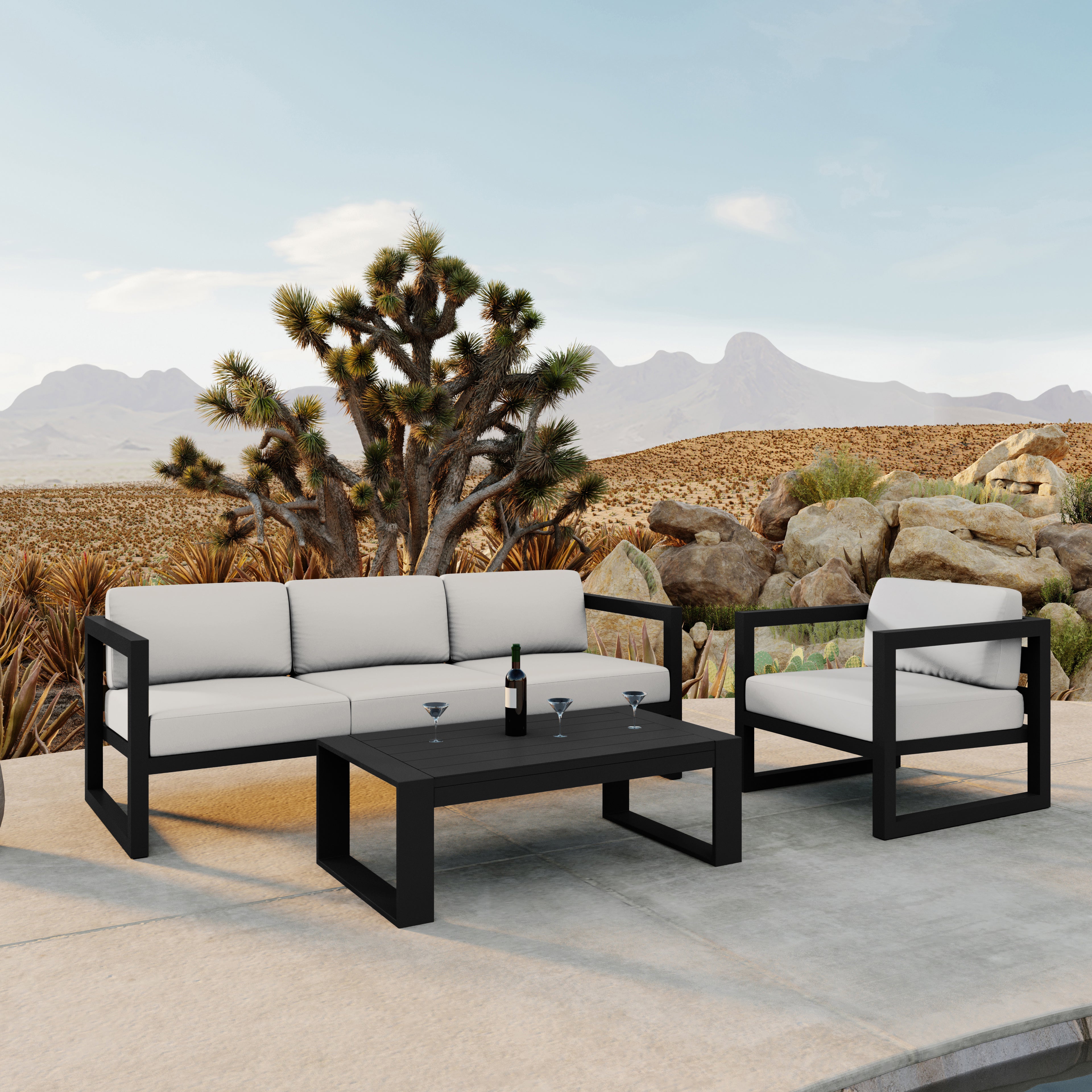 Avion 3 Piece Aluminum Sofa Set#Finish_Black#Fabric_Canvas Natural