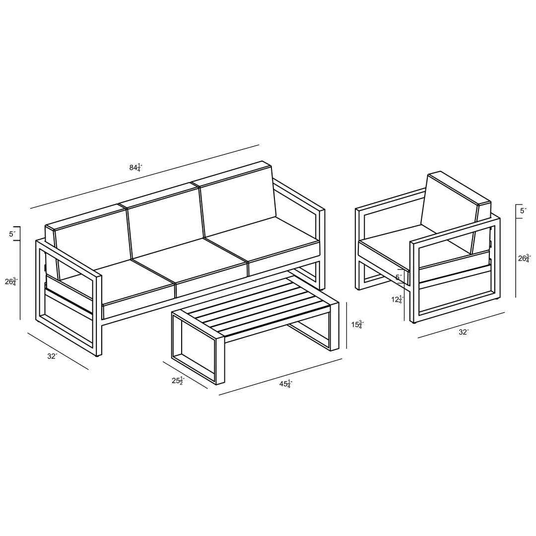 Avion 3 Piece Aluminum Sofa Set - Black - Spectrum Indigo