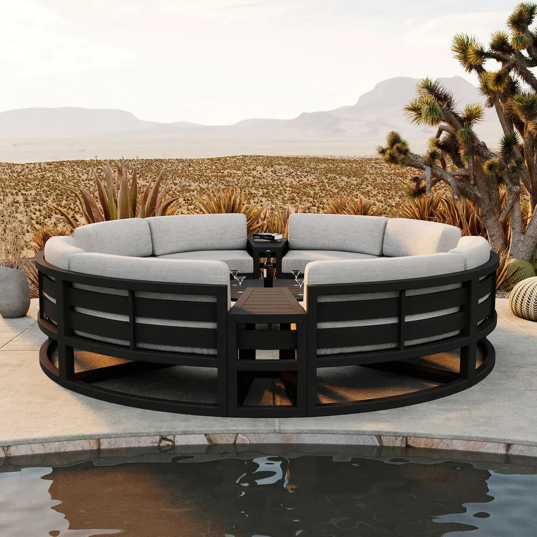 Avion 7 Piece Aluminum Curve Sectional Set - Black - Cast Silver