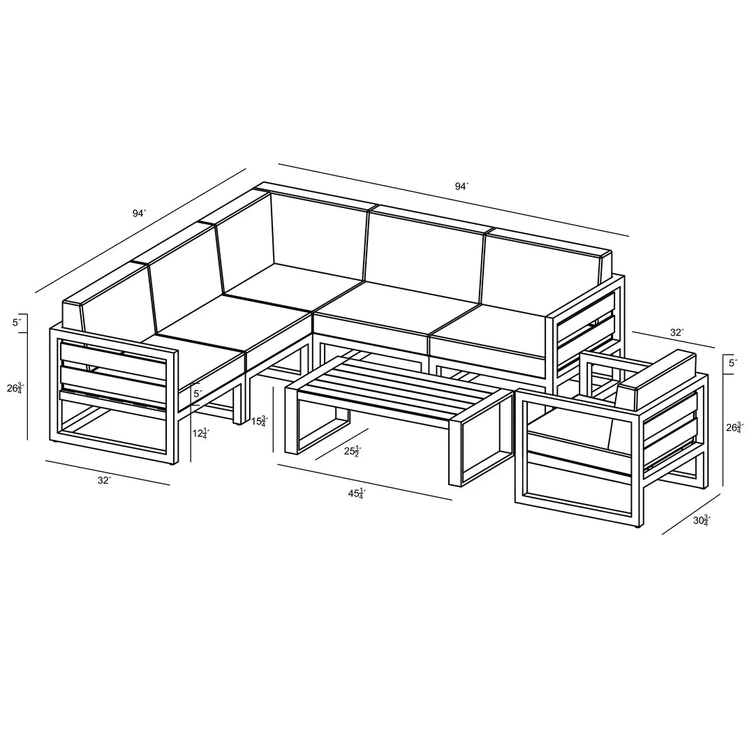 Avion 7 Piece Aluminum Sectional Set - Black - Canvas Charcoal