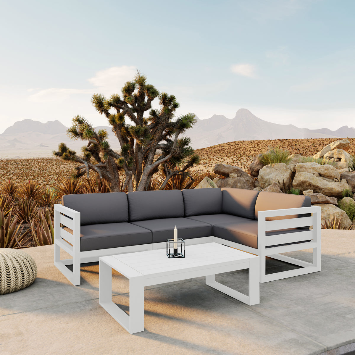 Avion 5 Piece Aluminum Sectional Set#Finish_White#Fabric_Canvas Charcoal
