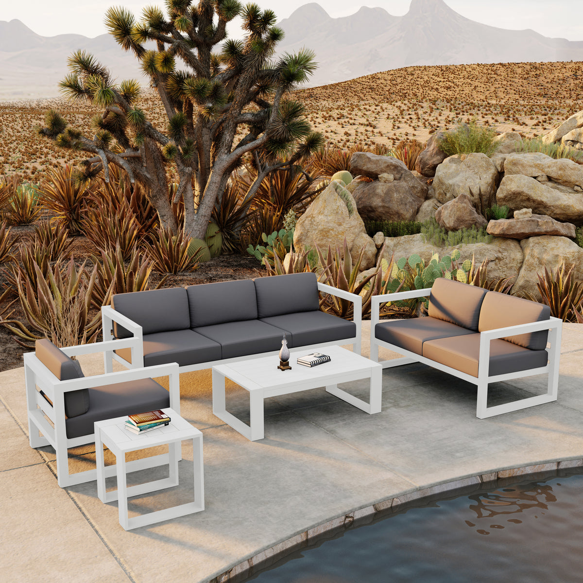 Avion 5 Piece Aluminum Sofa Set#Finish_White#Fabric_Canvas Charcoal