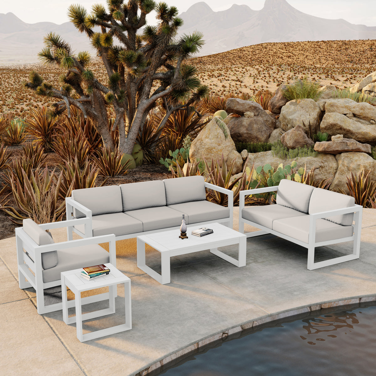 Avion 5 Piece Aluminum Sofa Set#Finish_White#Fabric_Canvas Natural