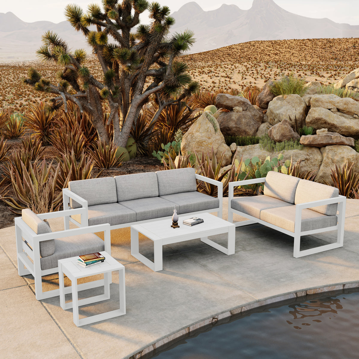 Avion 5 Piece Aluminum Sofa Set#Finish_White#Fabric_Cast Silver