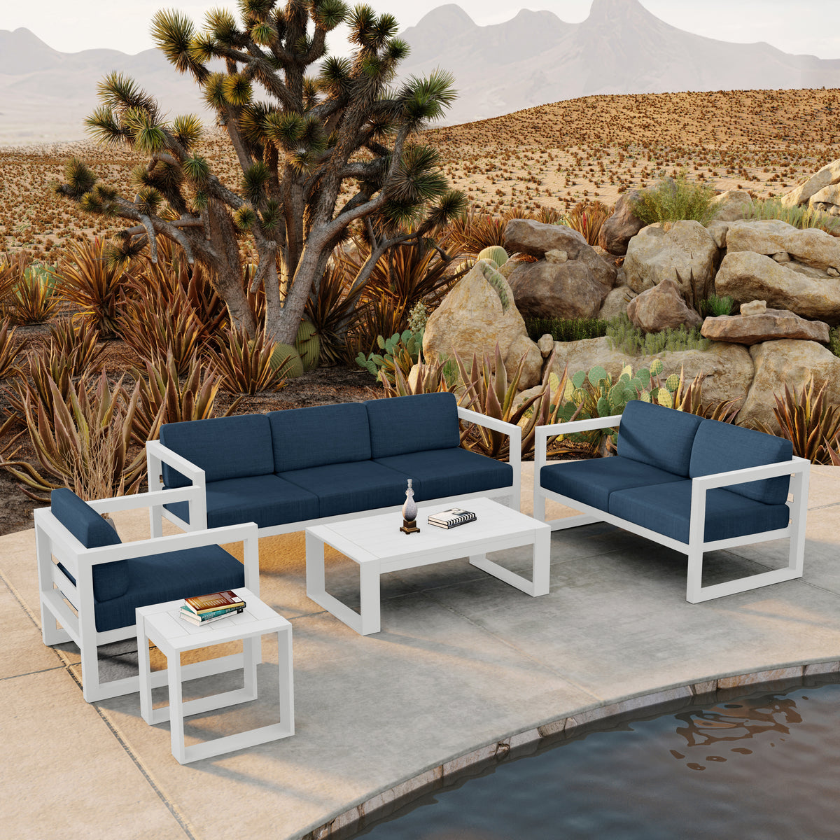 Avion 5 Piece Aluminum Sofa Set#Finish_White#Fabric_Spectrum Indigo
