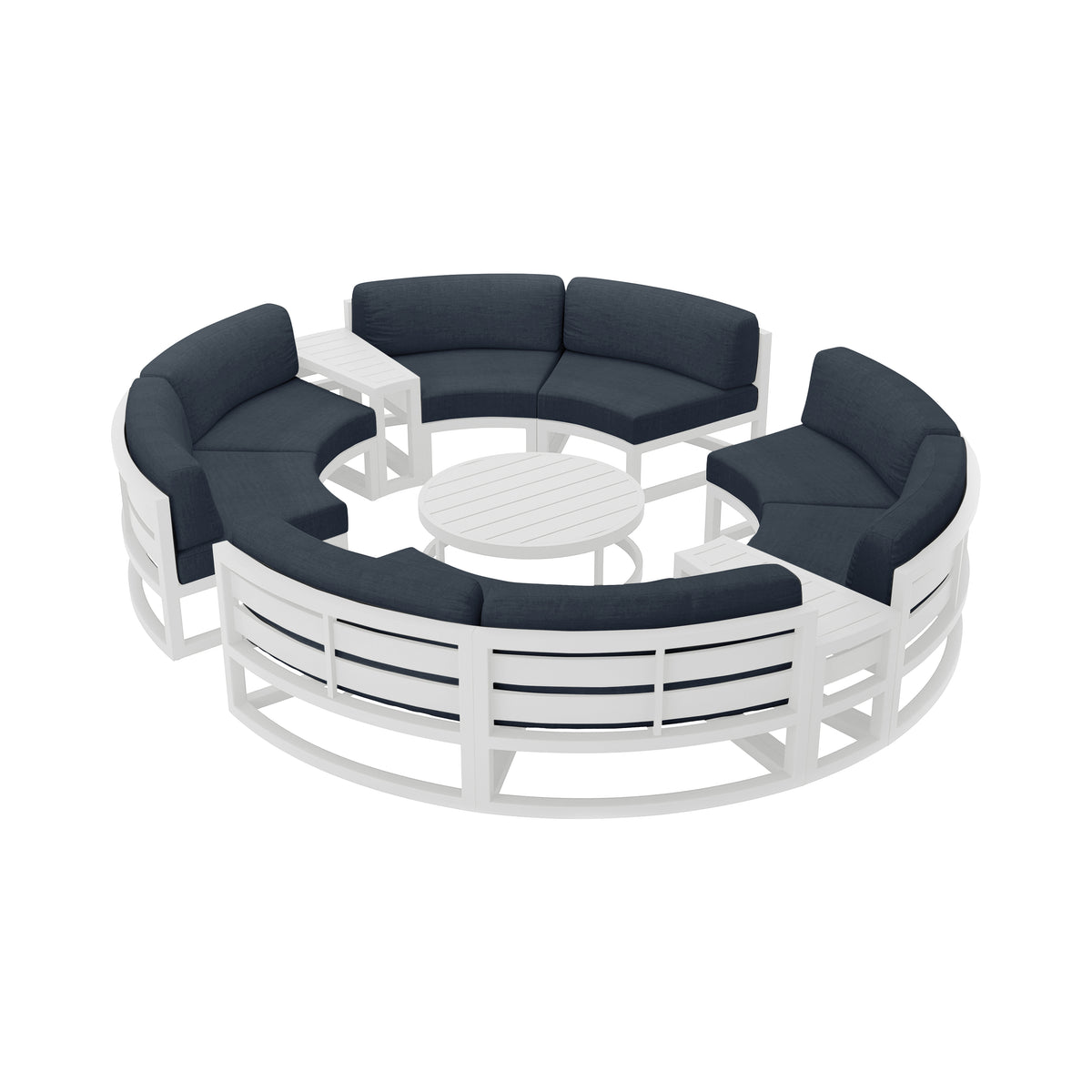 Avion 7 Piece Aluminum Curve Sectional Set#Finish_White#Fabric_Spectrum Indigo
