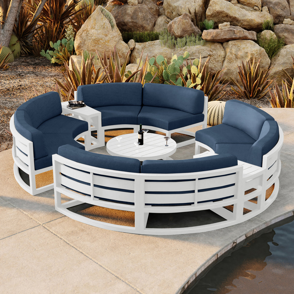 Avion 7 Piece Aluminum Curve Sectional Set#Finish_White#Fabric_Spectrum Indigo